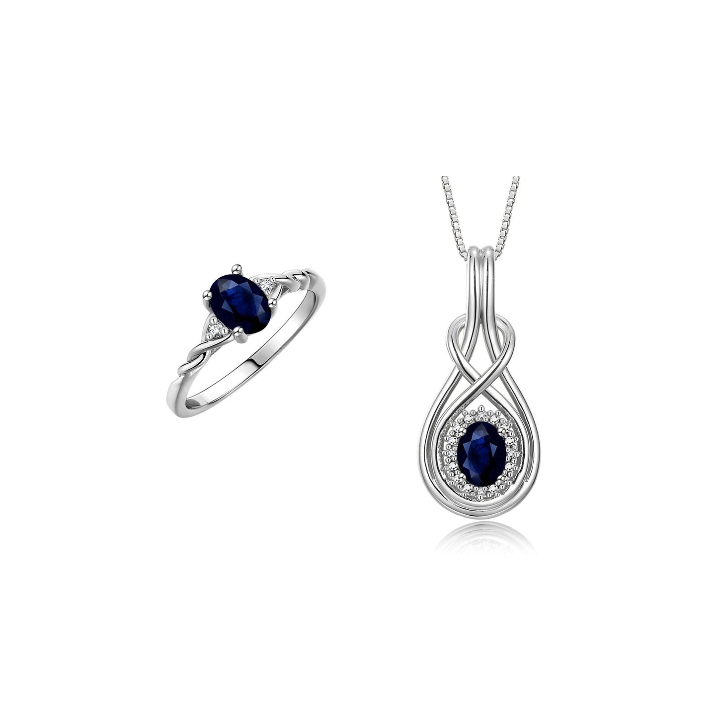 RYLOS Matching Love Knot Jewelry Set Sterling Silver Ring & Pendant Necklace. Gemstone & Diamonds, 8X6MM & 7X5MM Birthstone; Sizes 5-10
