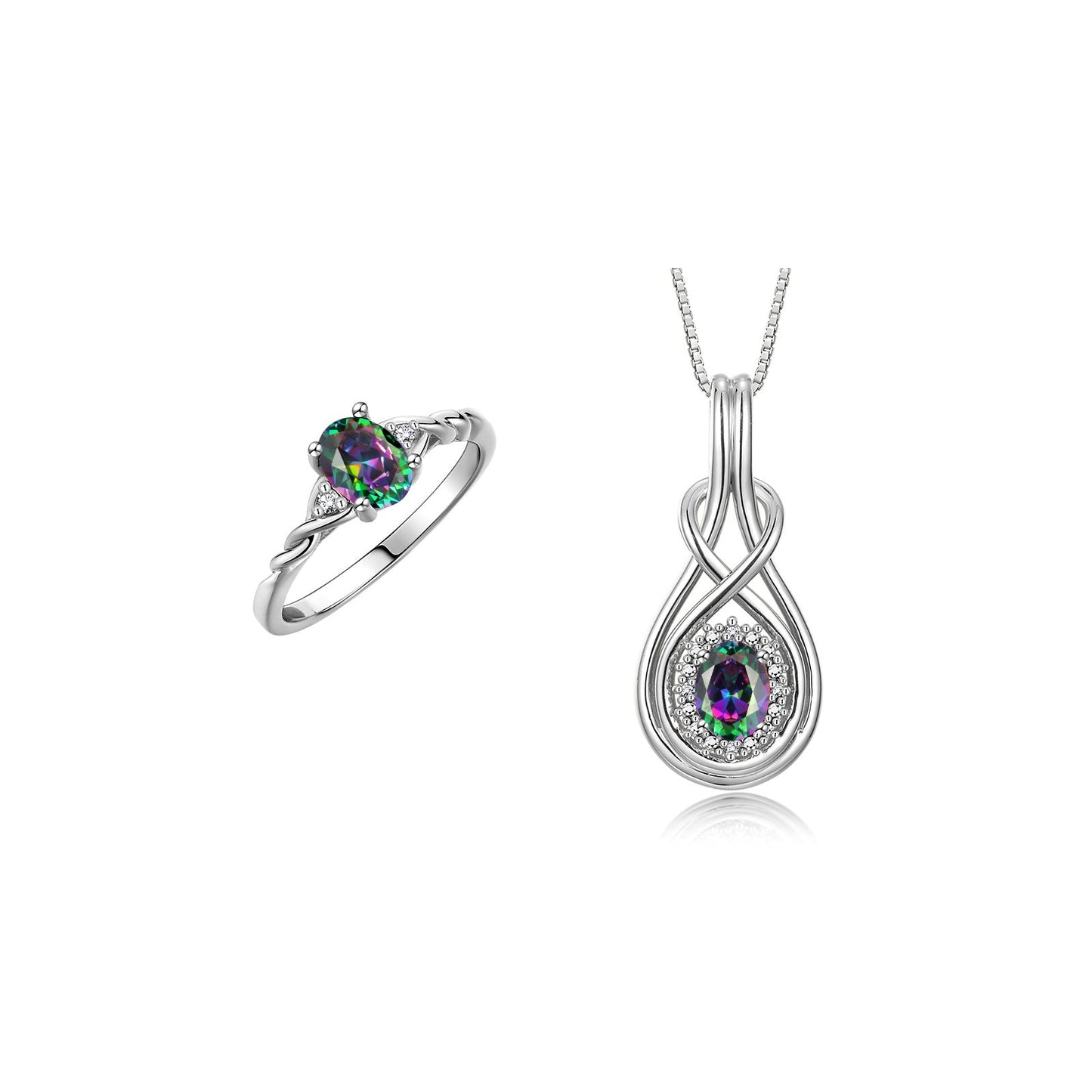 RYLOS Matching Love Knot Jewelry Set 14K White Gold Ring & Pendant Necklace. Gemstone & Diamonds, 8X6MM & 7X5MM Birthstone; Sizes 5-10