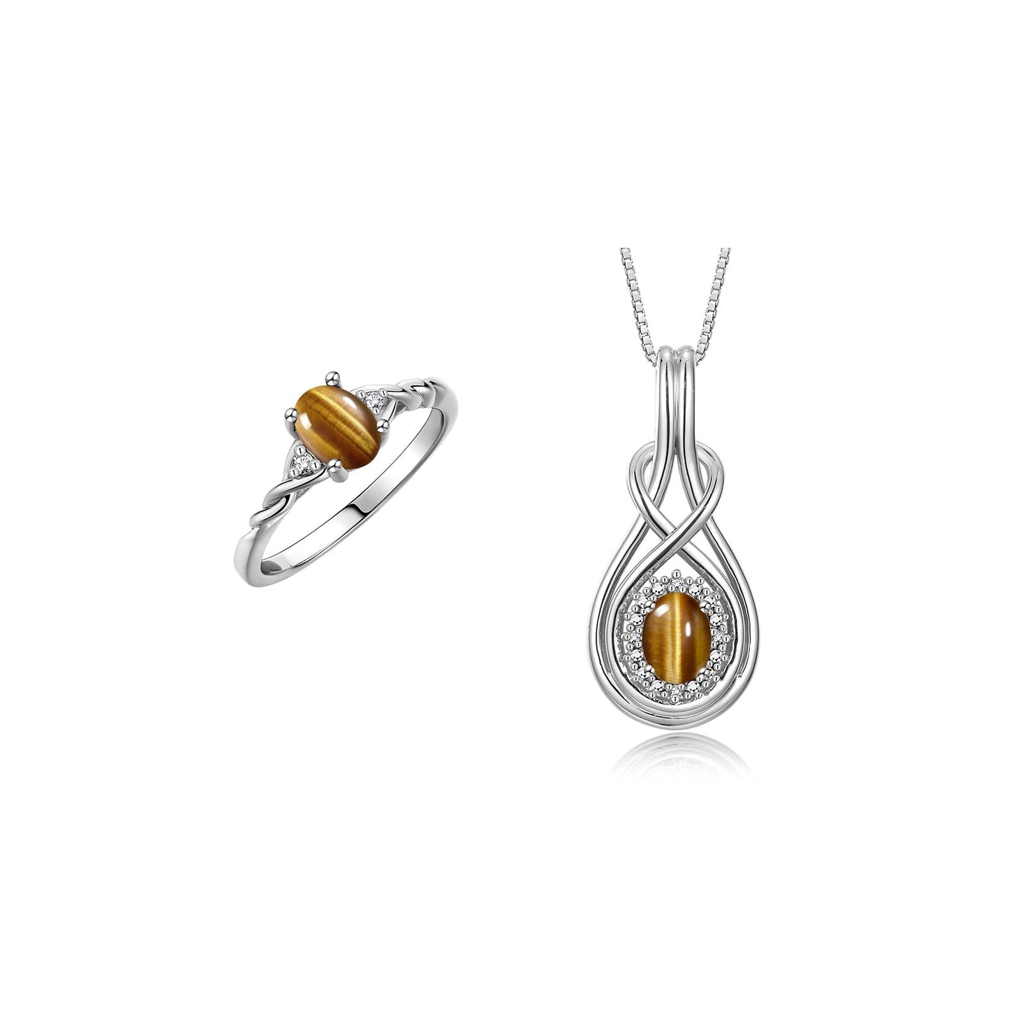 RYLOS Matching Love Knot Jewelry Set Sterling Silver Ring & Pendant Necklace. Gemstone & Diamonds, 8X6MM & 7X5MM Birthstone; Sizes 5-10