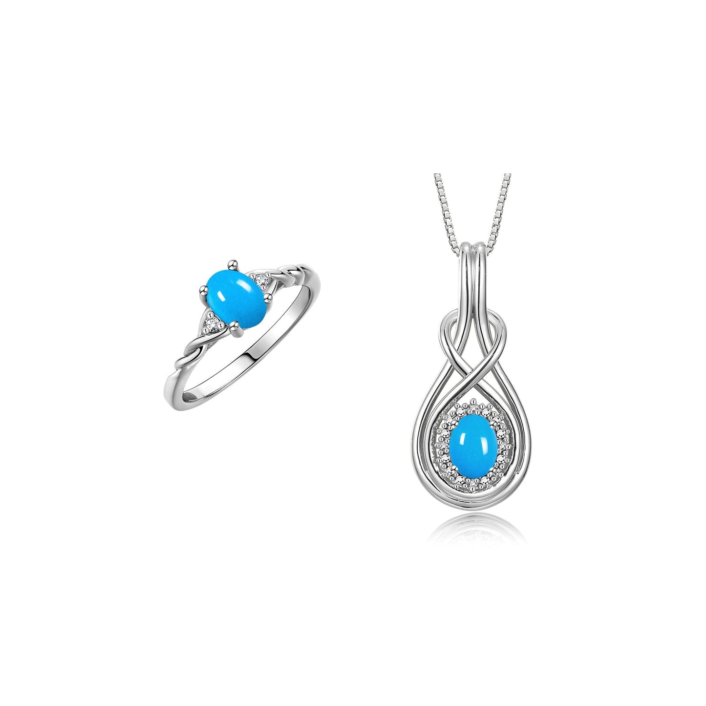RYLOS Matching Love Knot Jewelry Set 14K White Gold Ring & Pendant Necklace. Gemstone & Diamonds, 8X6MM & 7X5MM Birthstone; Sizes 5-10