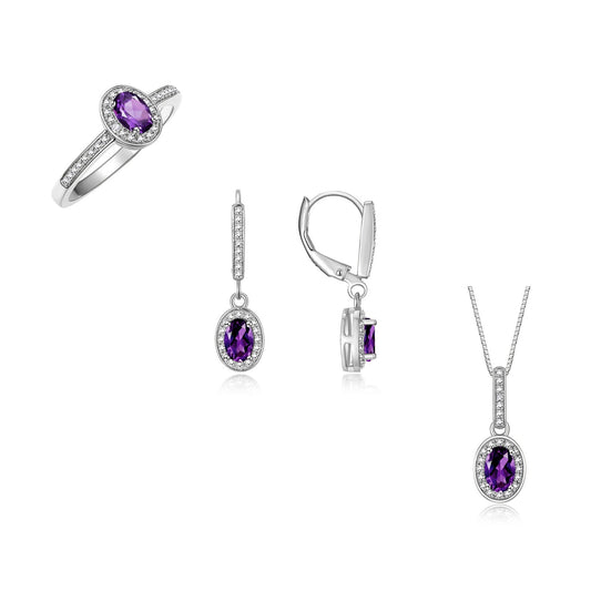 RYLOS Matching Gold Jewelry 14K White Gold Halo Designer Set: Ring, Earring & Pendant Necklace. Gemstone & Diamonds, 6X4MM Birthstone.  Sizes 5-7.