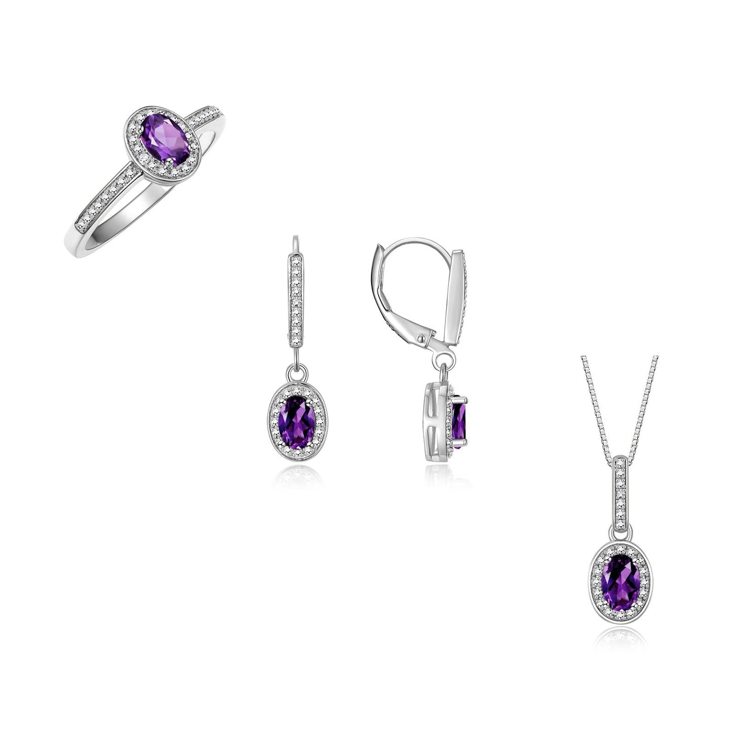 RYLOS Matching Jewelry Sterling Silver Halo Designer Set: Ring, Earring & Pendant Necklace. Gemstone & Diamonds, 6X4MM Birthstone.  Sizes 5-7.