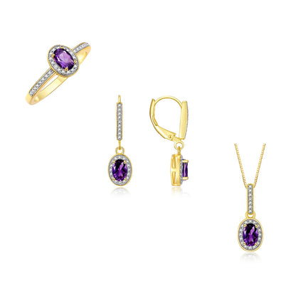 RYLOS Matching Jewelry Yellow Gold Plated Silver Halo Designer Set: Ring, Earring & Pendant Necklace. Gemstone & Diamonds, 6X4MM Birthstone.  Sizes 5-7.