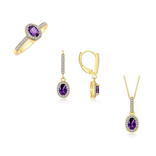 RYLOS Matching Jewelry Yellow Gold Plated Silver Halo Designer Set: Ring, Earring & Pendant Necklace. Gemstone & Diamonds, 6X4MM Birthstone.  Sizes 5-7.