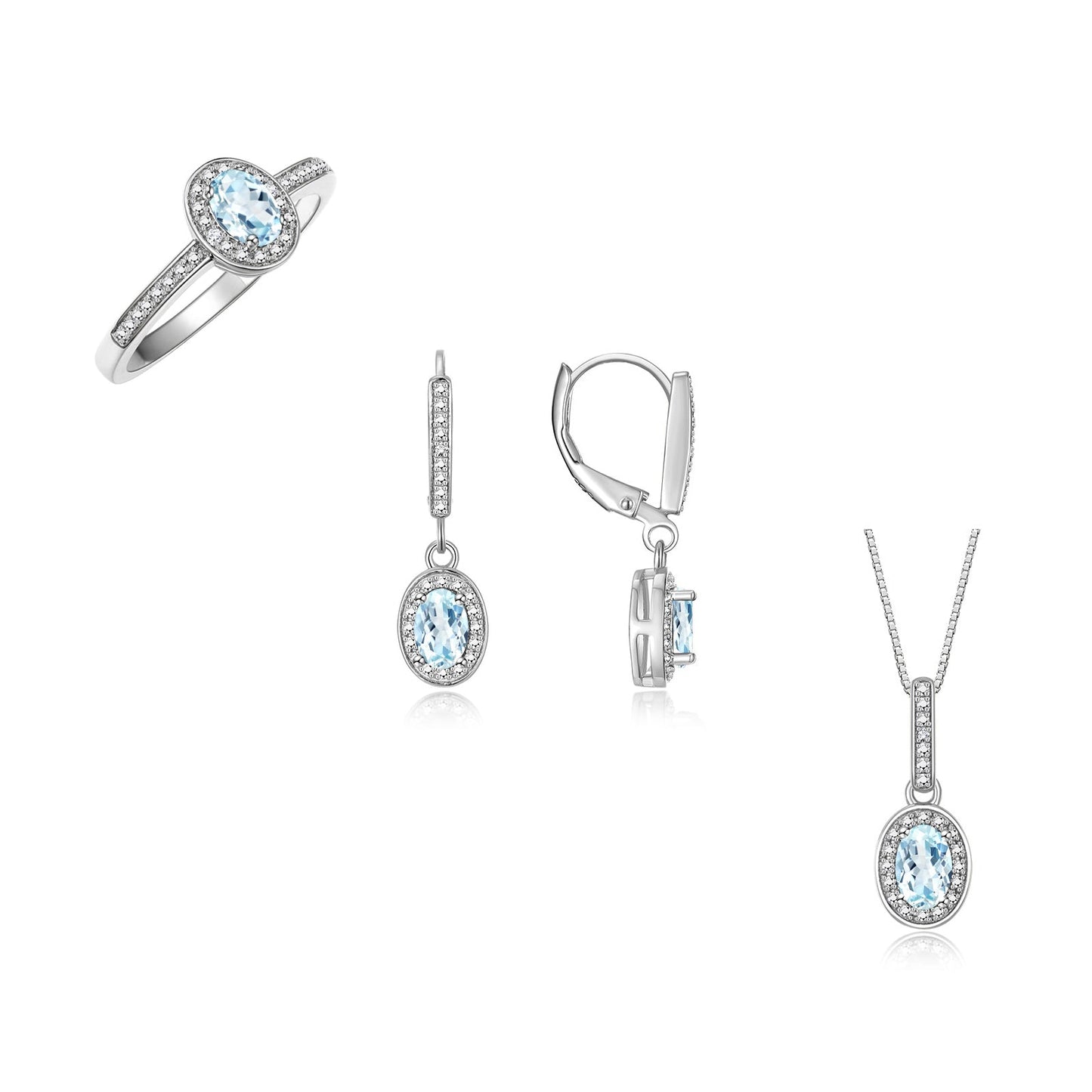 RYLOS Matching Gold Jewelry 14K White Gold Halo Designer Set: Ring, Earring & Pendant Necklace. Gemstone & Diamonds, 6X4MM Birthstone.  Sizes 5-7.