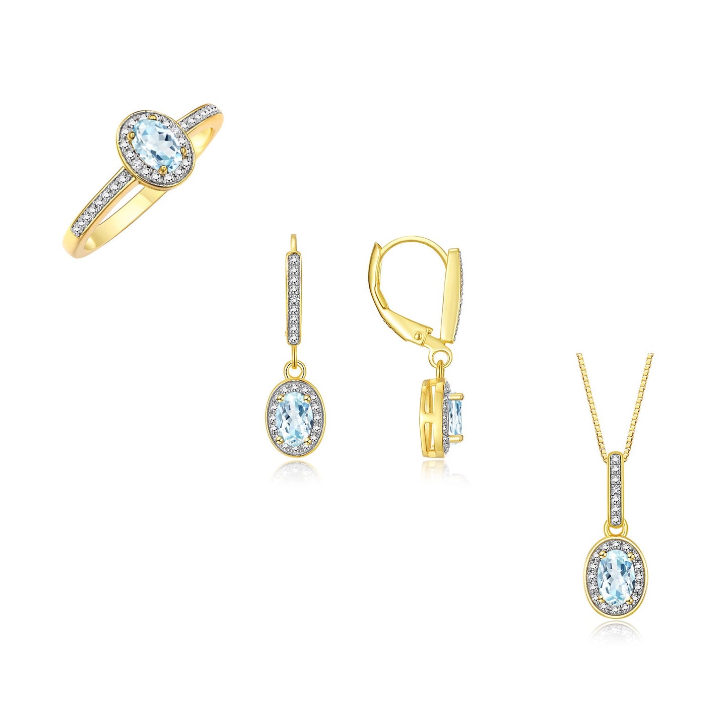 RYLOS Matching Jewelry Yellow Gold Plated Silver Halo Designer Set: Ring, Earring & Pendant Necklace. Gemstone & Diamonds, 6X4MM Birthstone.  Sizes 5-7.