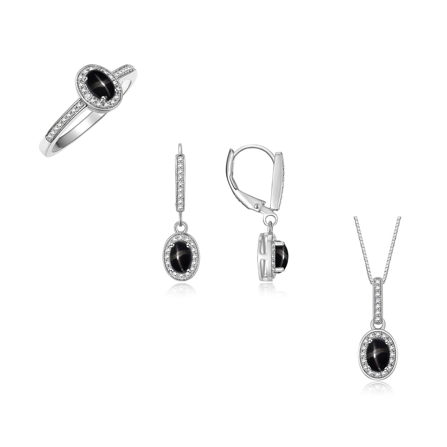 RYLOS Matching Jewelry Sterling Silver Halo Designer Set: Ring, Earring & Pendant Necklace. Gemstone & Diamonds, 6X4MM Birthstone.  Sizes 5-7.