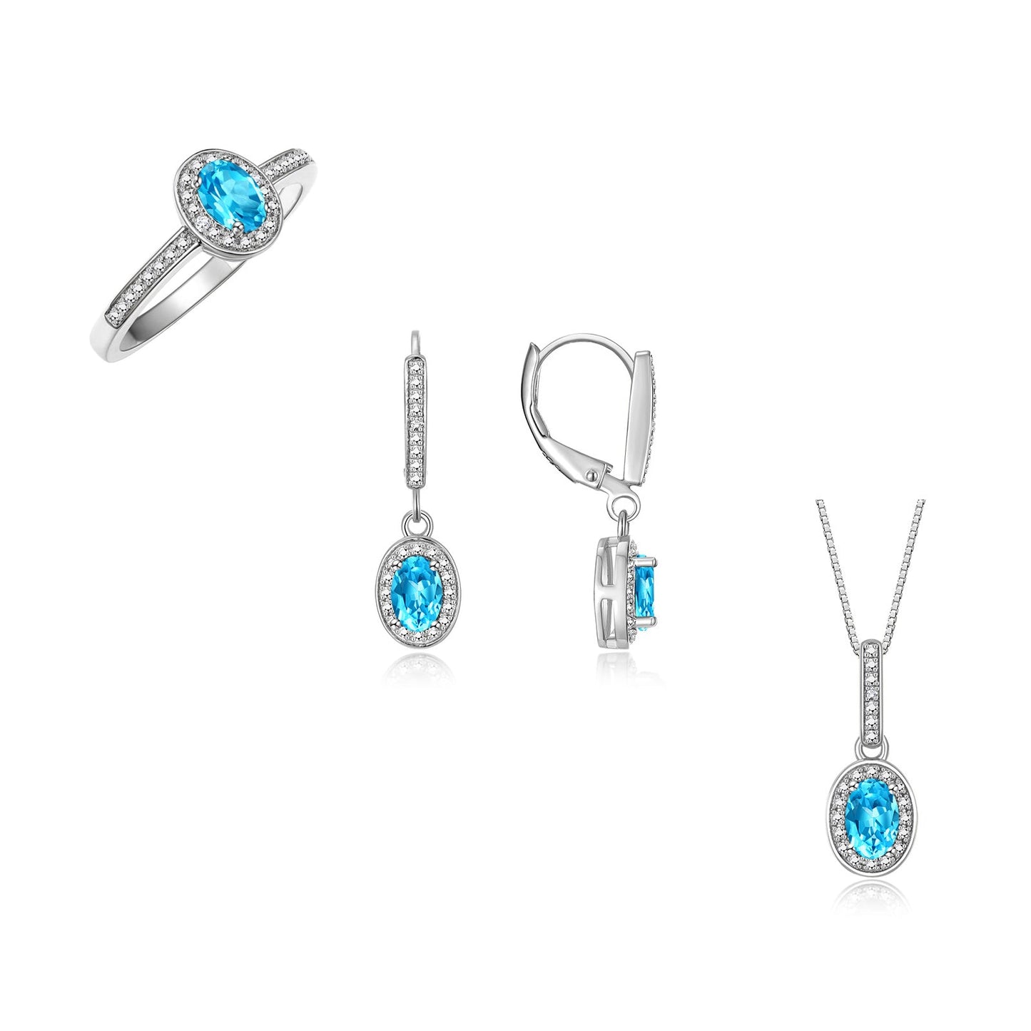 RYLOS Matching Gold Jewelry 14K White Gold Halo Designer Set: Ring, Earring & Pendant Necklace. Gemstone & Diamonds, 6X4MM Birthstone.  Sizes 5-7.