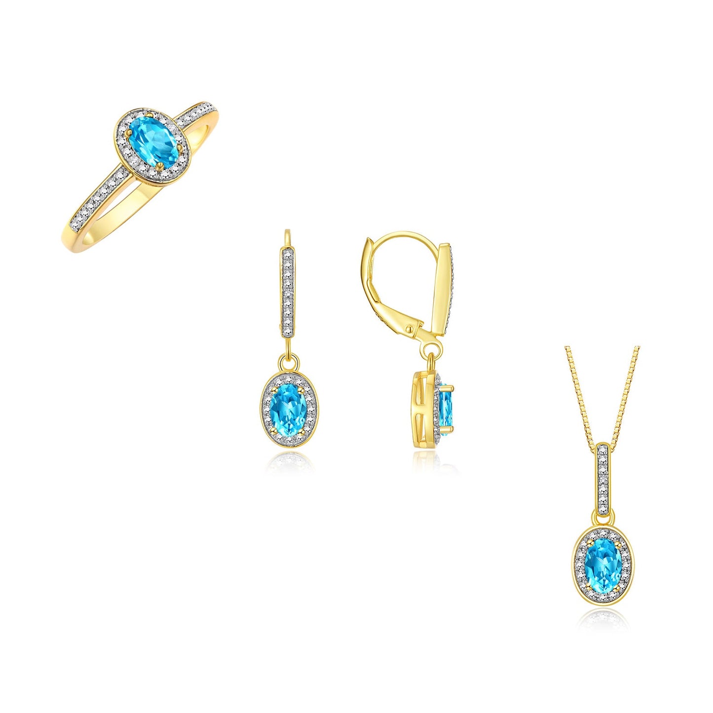 RYLOS Matching Jewelry Yellow Gold Plated Silver Halo Designer Set: Ring, Earring & Pendant Necklace. Gemstone & Diamonds, 6X4MM Birthstone.  Sizes 5-7.