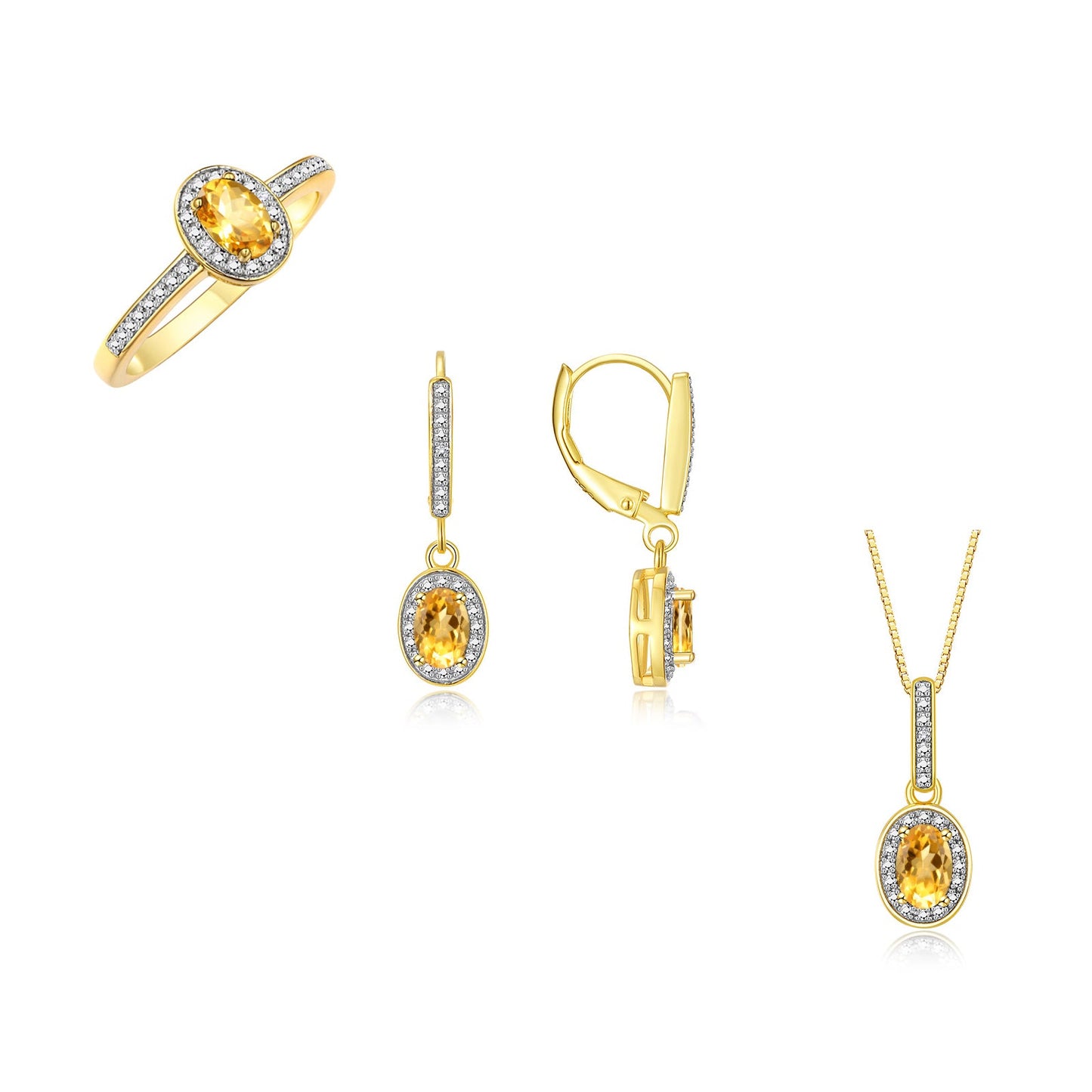 RYLOS Matching Gold Jewelry 14K Yellow Gold Halo Designer Set: Ring, Earring & Pendant Necklace. Gemstone & Diamonds, 6X4MM Birthstone.  Sizes 5-10.