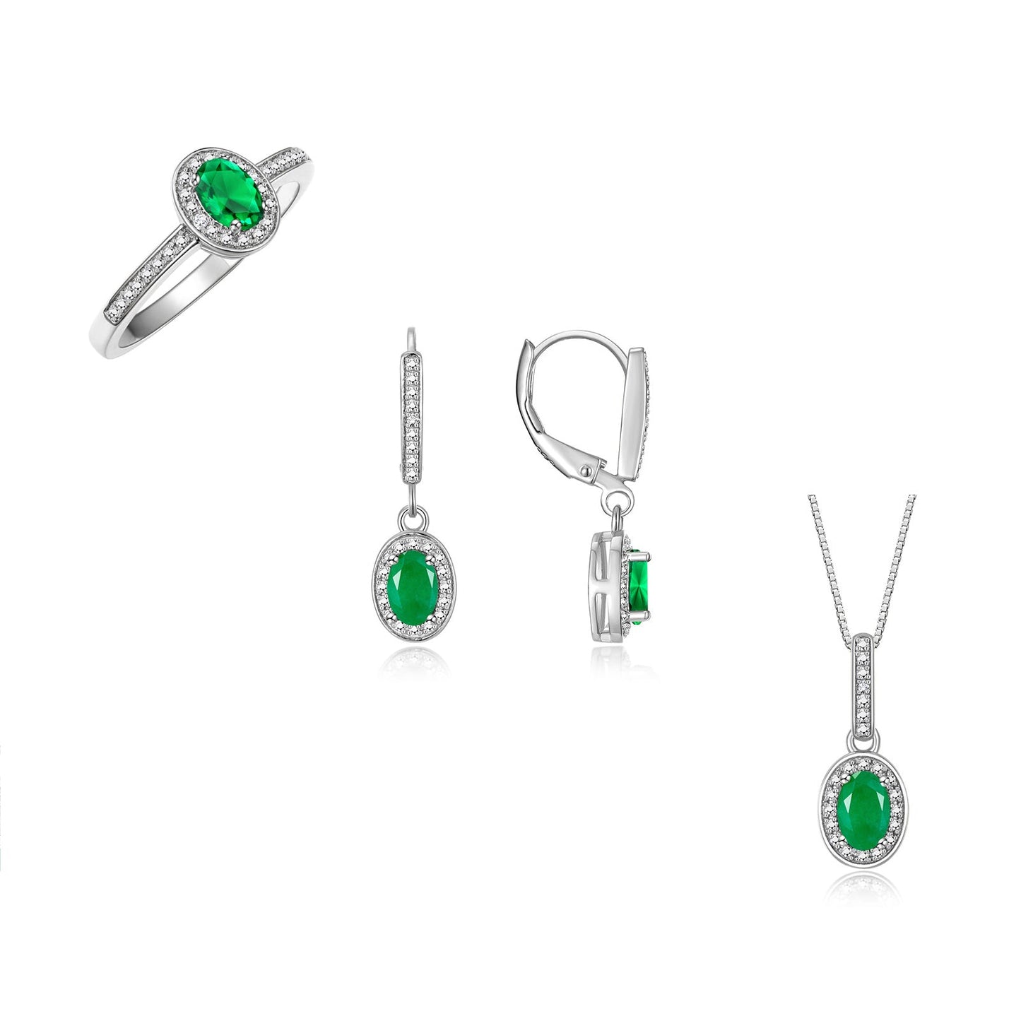 RYLOS Matching Jewelry Sterling Silver Halo Designer Set: Ring, Earring & Pendant Necklace. Gemstone & Diamonds, 6X4MM Birthstone.  Sizes 5-7.