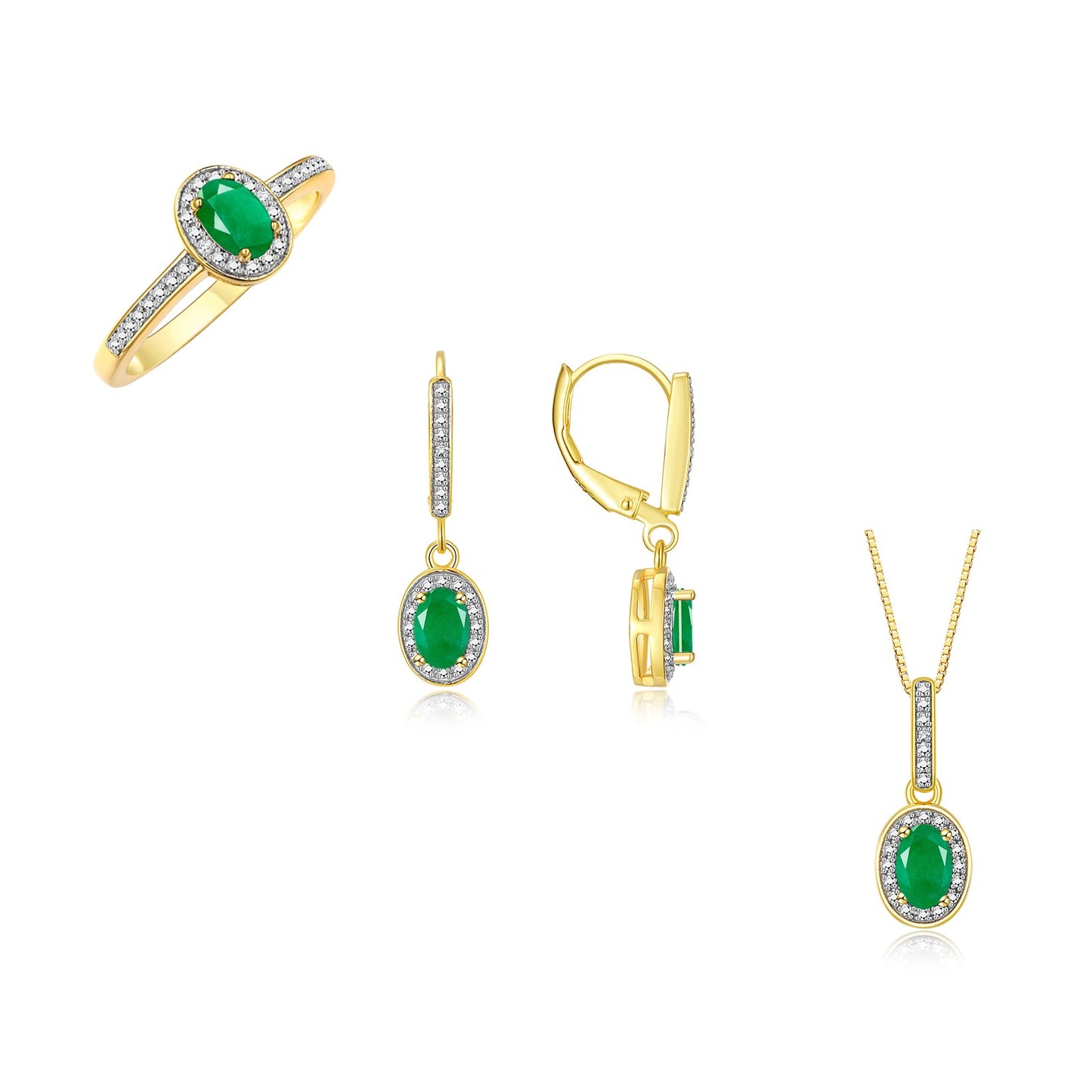 RYLOS Matching Gold Jewelry 14K Yellow Gold Halo Designer Set: Ring, Earring & Pendant Necklace. Gemstone & Diamonds, 6X4MM Birthstone.  Sizes 5-10.