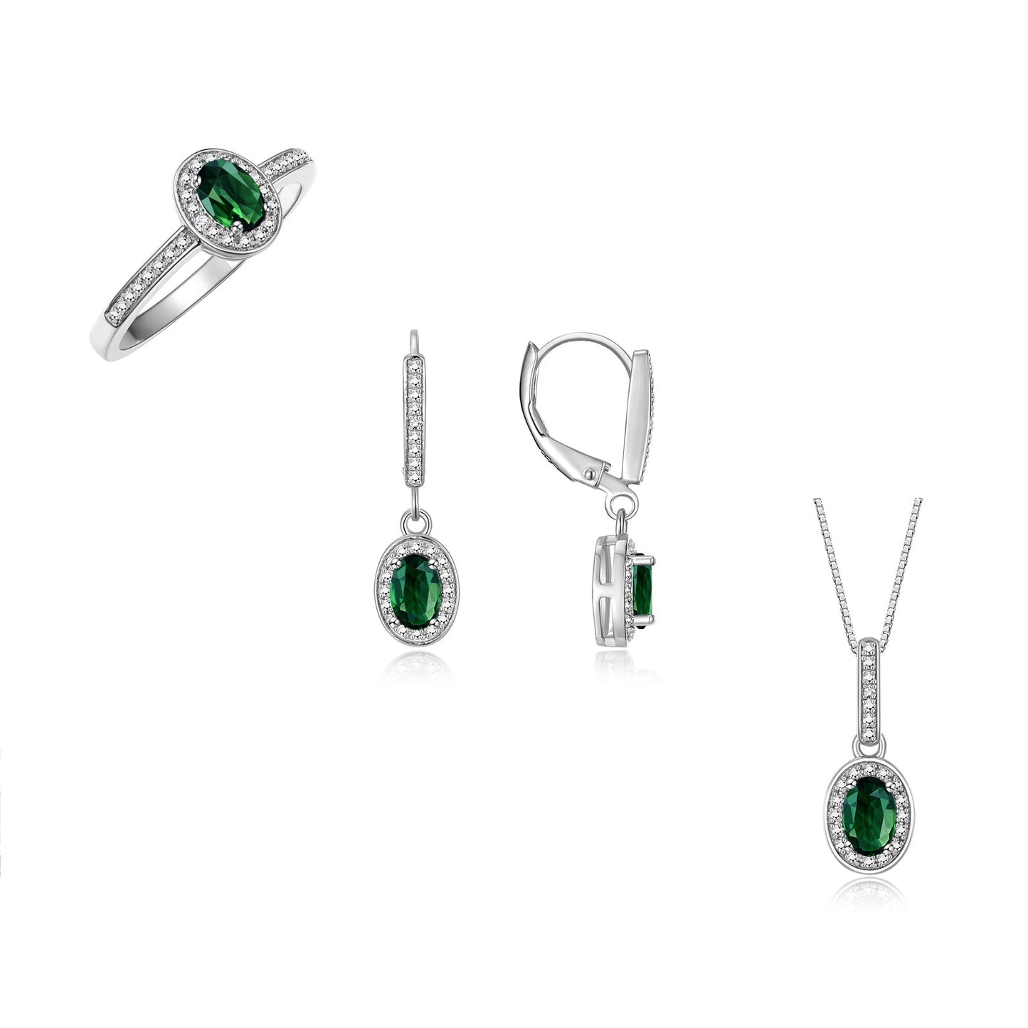 RYLOS Matching Jewelry Sterling Silver Halo Designer Set: Ring, Earring & Pendant Necklace. Gemstone & Diamonds, 6X4MM Birthstone.  Sizes 5-10.