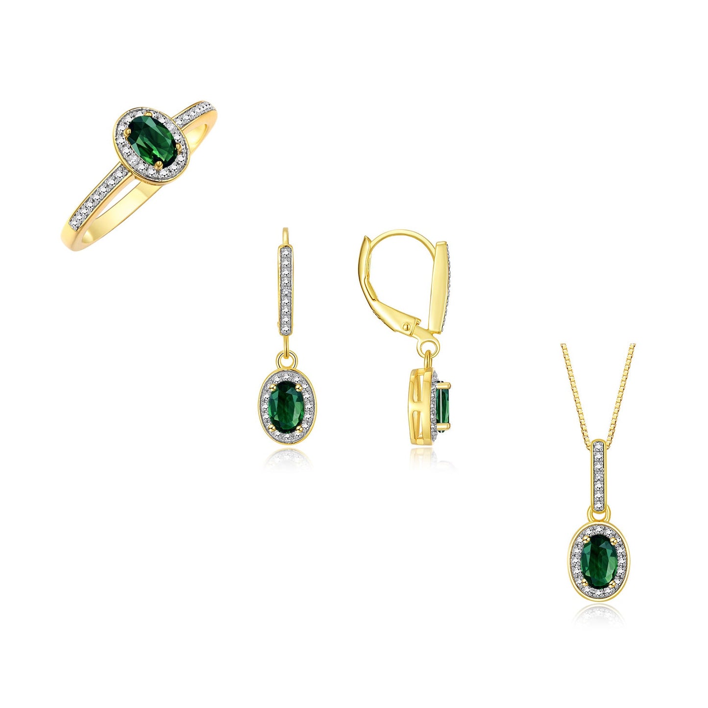RYLOS Matching Gold Jewelry 14K Yellow Gold Halo Designer Set: Ring, Earring & Pendant Necklace. Gemstone & Diamonds, 6X4MM Birthstone.  Sizes 5-10.