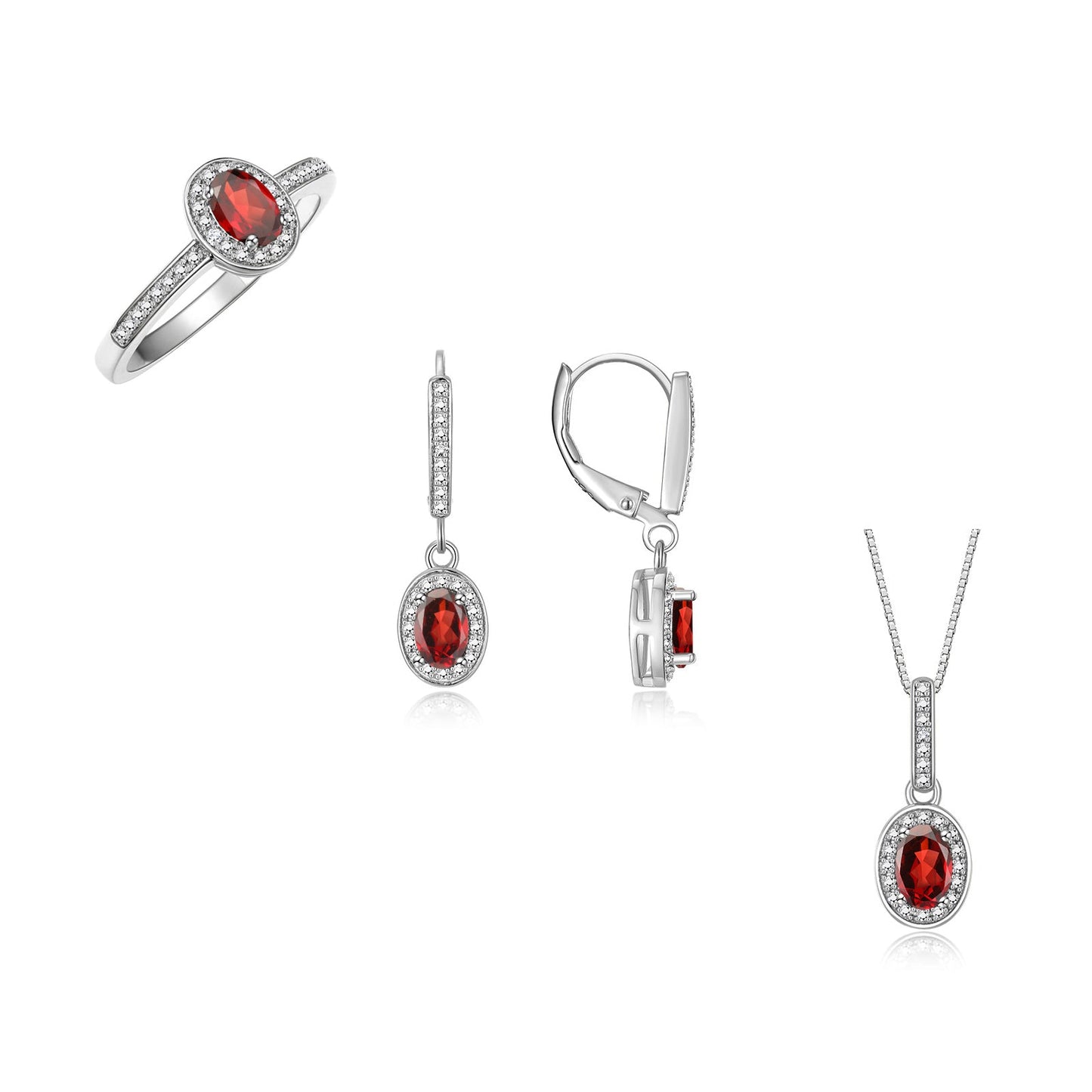 RYLOS Matching Gold Jewelry 14K White Gold Halo Designer Set: Ring, Earring & Pendant Necklace. Gemstone & Diamonds, 6X4MM Birthstone.  Sizes 5-10.