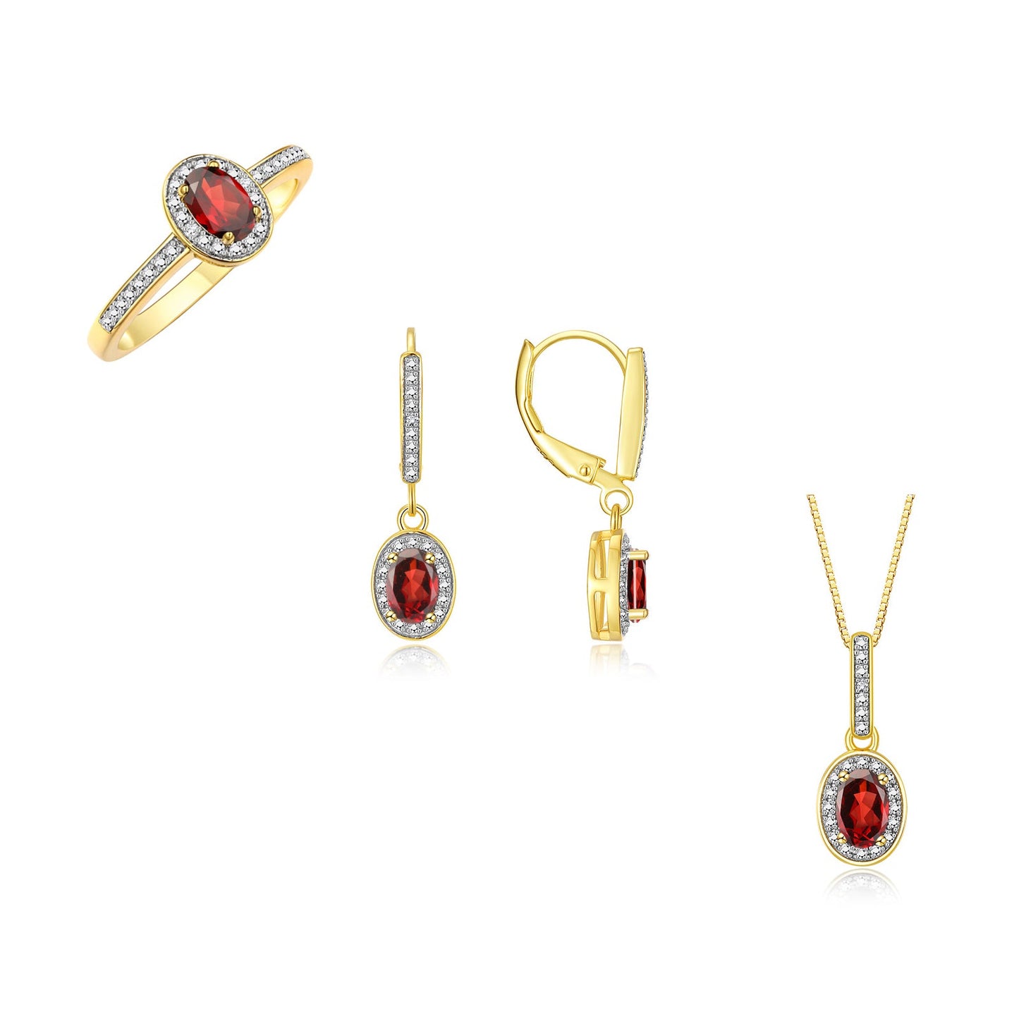 RYLOS Matching Gold Jewelry 14K Yellow Gold Halo Designer Set: Ring, Earring & Pendant Necklace. Gemstone & Diamonds, 6X4MM Birthstone.  Sizes 5-10.
