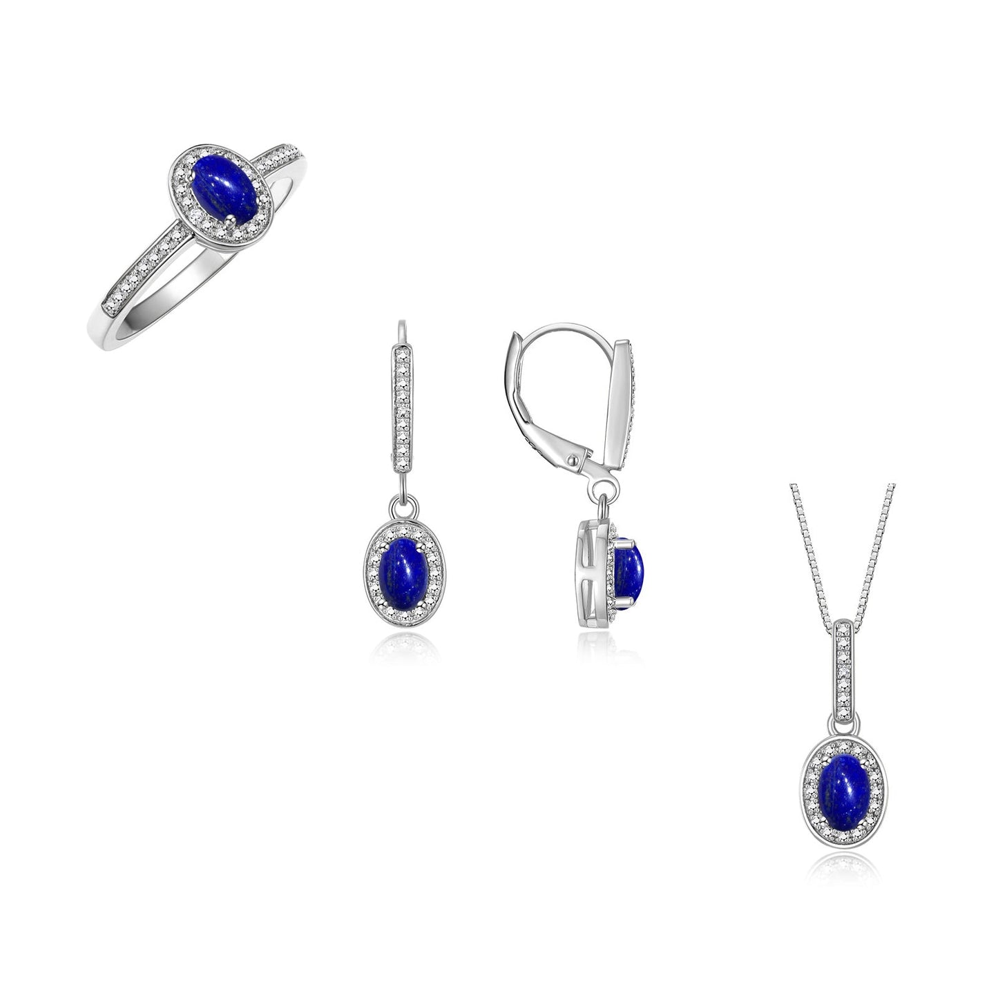 RYLOS Matching Jewelry Sterling Silver Halo Designer Set: Ring, Earring & Pendant Necklace. Gemstone & Diamonds, 6X4MM Birthstone.  Sizes 5-10.