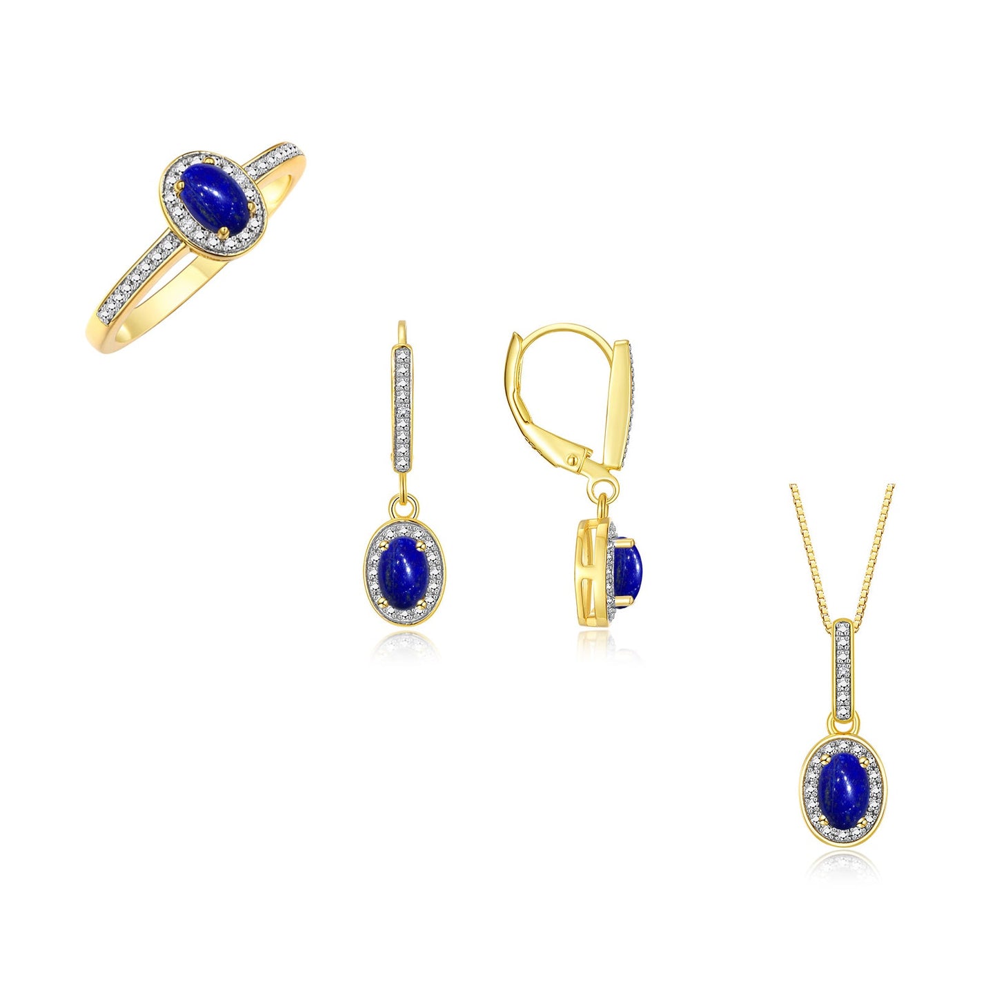 RYLOS Matching Jewelry Yellow Gold Plated Silver Halo Designer Set: Ring, Earring & Pendant Necklace. Gemstone & Diamonds, 6X4MM Birthstone.  Sizes 5-7.