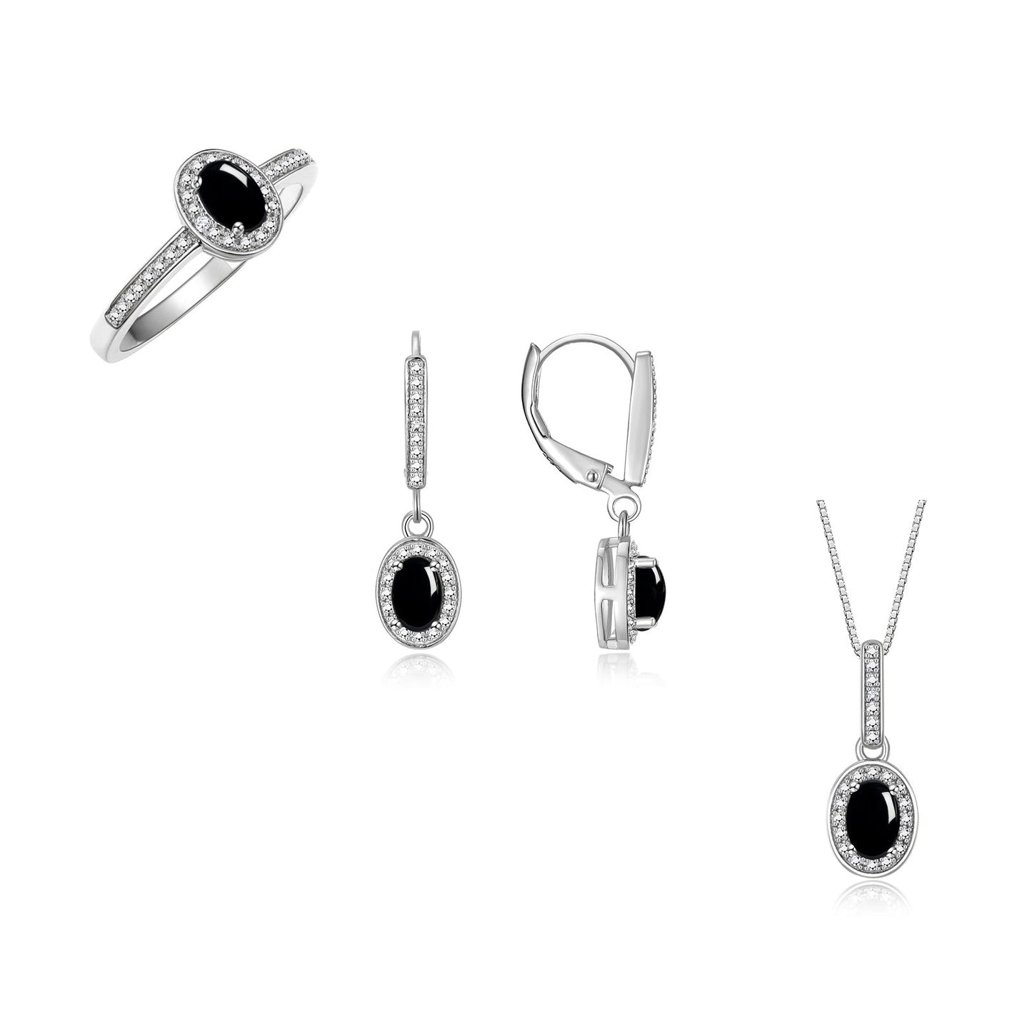 RYLOS Matching Jewelry Sterling Silver Halo Designer Set: Ring, Earring & Pendant Necklace. Gemstone & Diamonds, 6X4MM Birthstone.  Sizes 5-10.