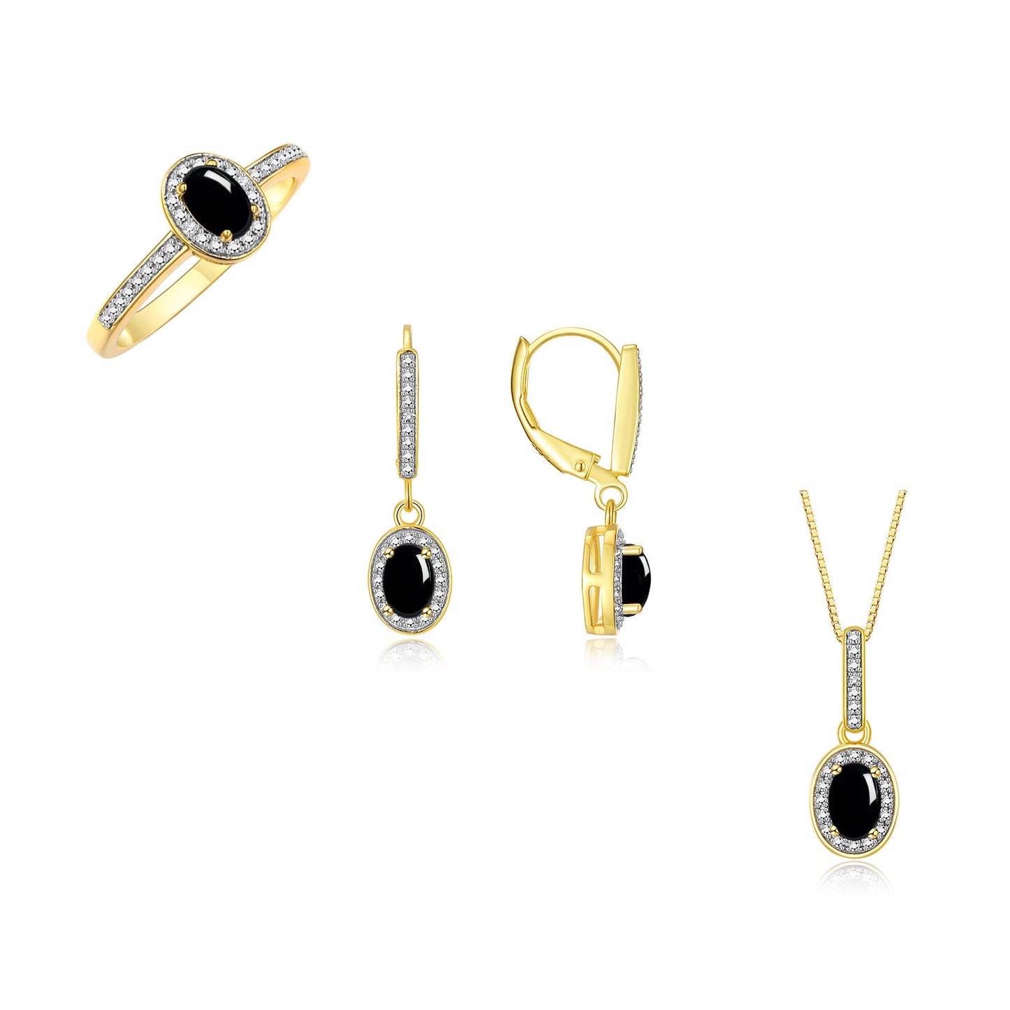 RYLOS Matching Gold Jewelry 14K Yellow Gold Halo Designer Set: Ring, Earring & Pendant Necklace. Gemstone & Diamonds, 6X4MM Birthstone.  Sizes 5-10.