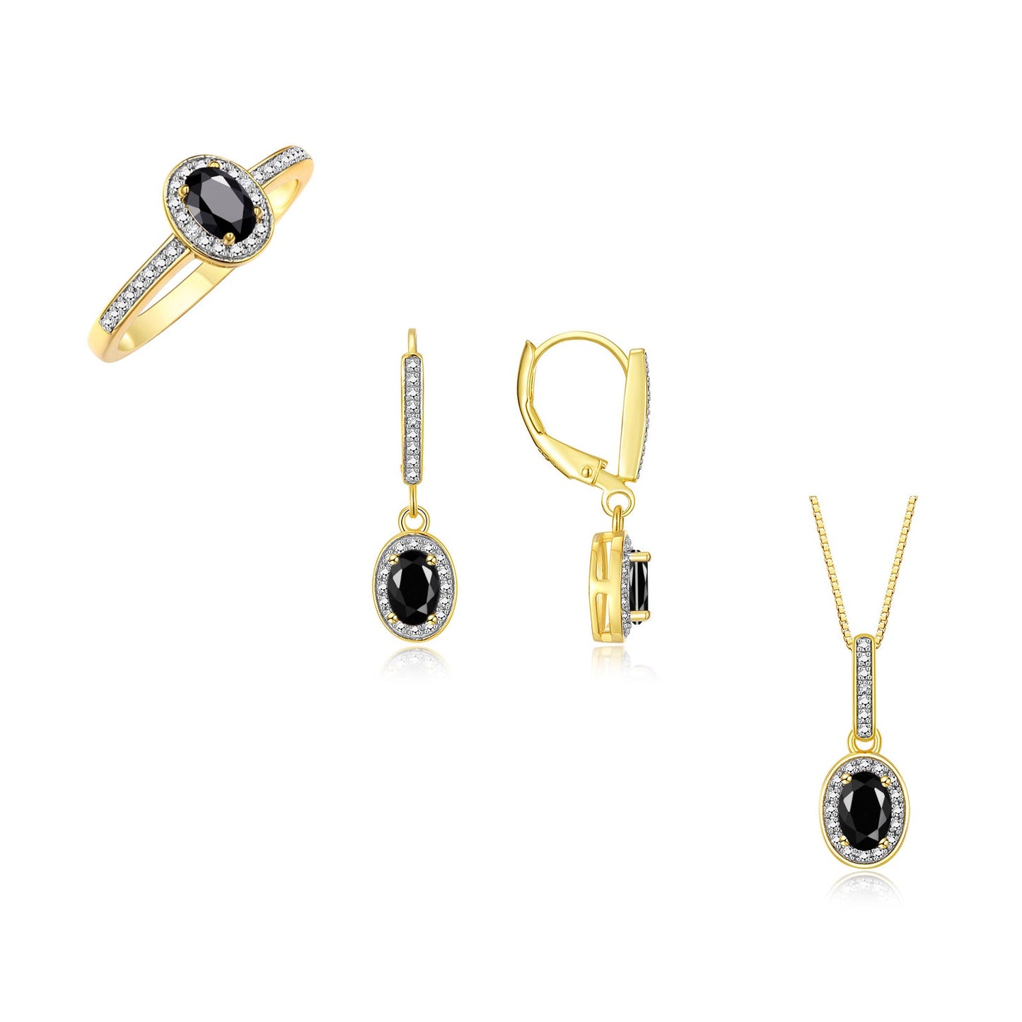 RYLOS Matching Jewelry Yellow Gold Plated Silver Halo Designer Set: Ring, Earring & Pendant Necklace. Gemstone & Diamonds, 6X4MM Birthstone.  Sizes 5-7.