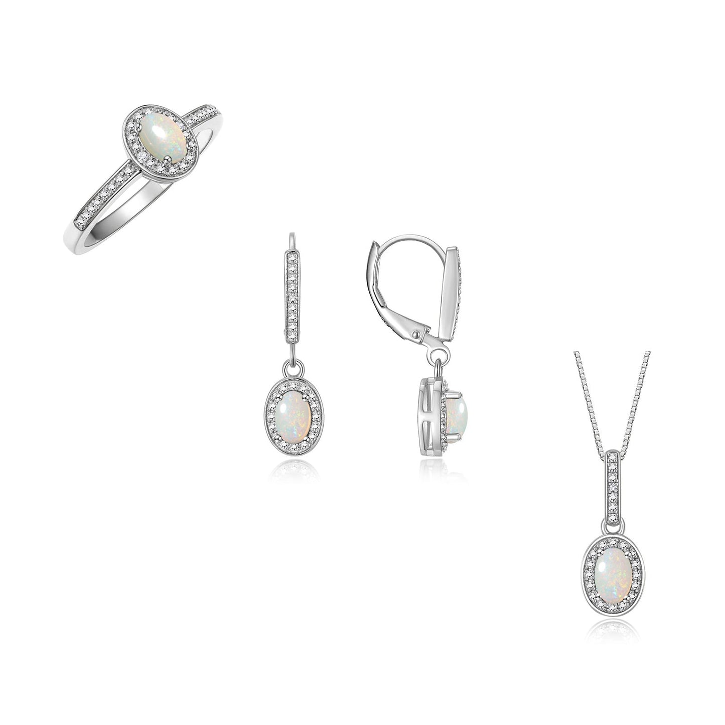 RYLOS Matching Jewelry Sterling Silver Halo Designer Set: Ring, Earring & Pendant Necklace. Gemstone & Diamonds, 6X4MM Birthstone.  Sizes 5-10.