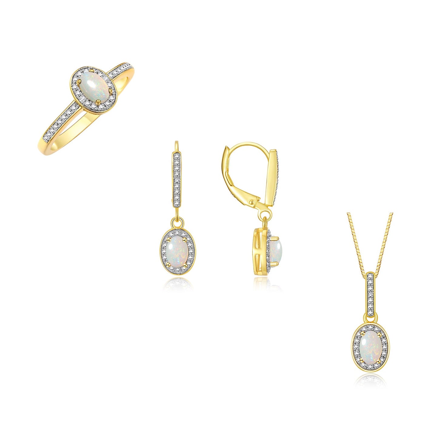 RYLOS Matching Gold Jewelry 14K Yellow Gold Halo Designer Set: Ring, Earring & Pendant Necklace. Gemstone & Diamonds, 6X4MM Birthstone.  Sizes 5-10.