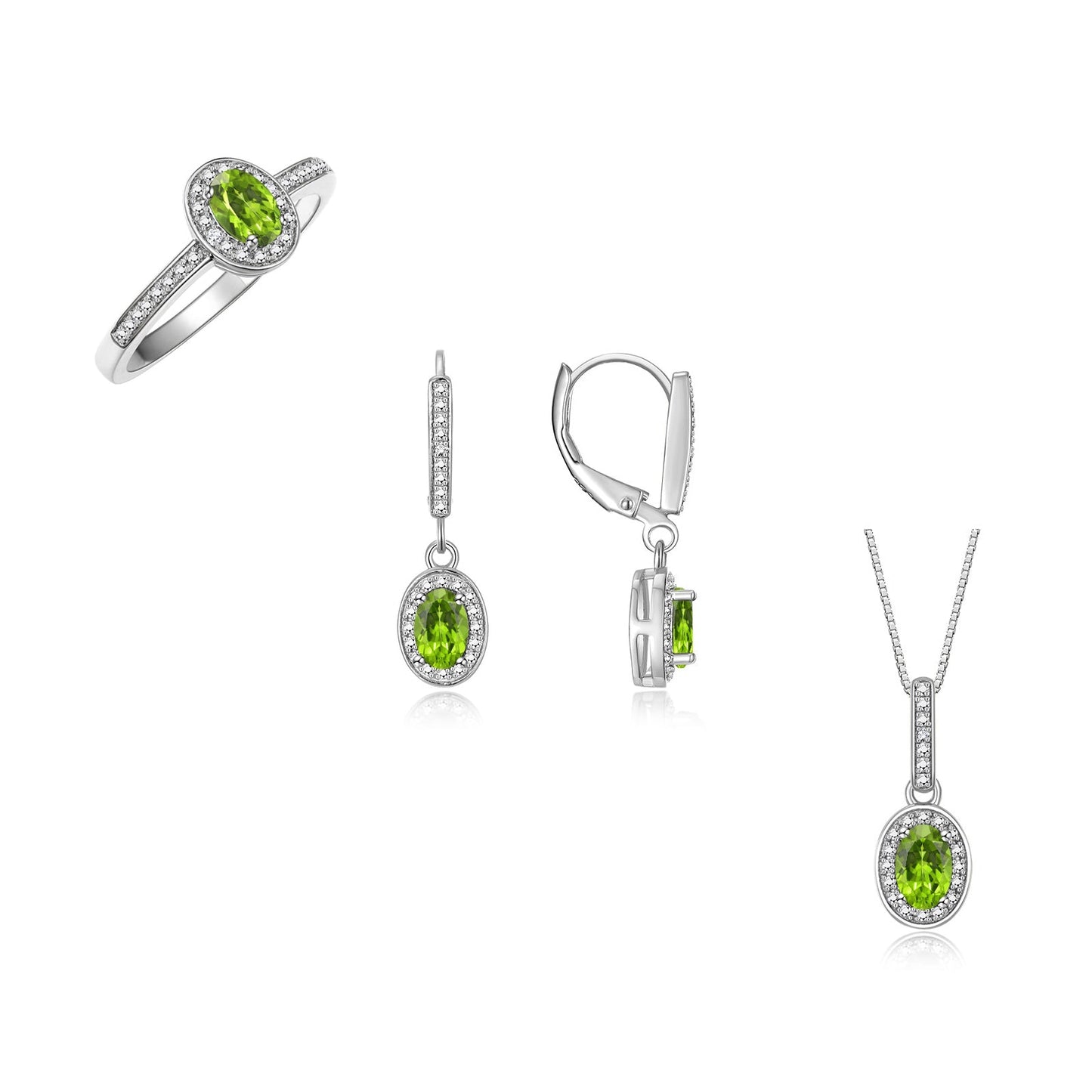 RYLOS Matching Jewelry Sterling Silver Halo Designer Set: Ring, Earring & Pendant Necklace. Gemstone & Diamonds, 6X4MM Birthstone.  Sizes 5-10.