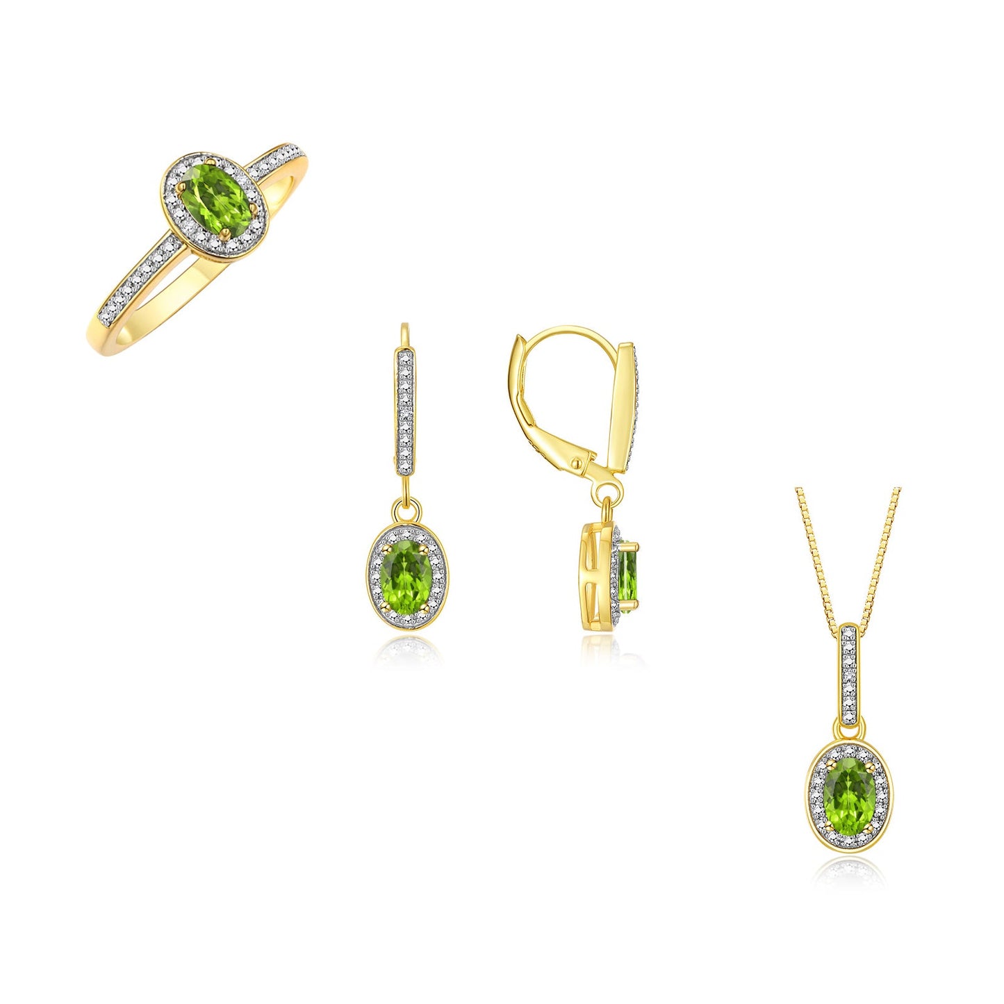 RYLOS Matching Gold Jewelry 14K Yellow Gold Halo Designer Set: Ring, Earring & Pendant Necklace. Gemstone & Diamonds, 6X4MM Birthstone.  Sizes 5-10.
