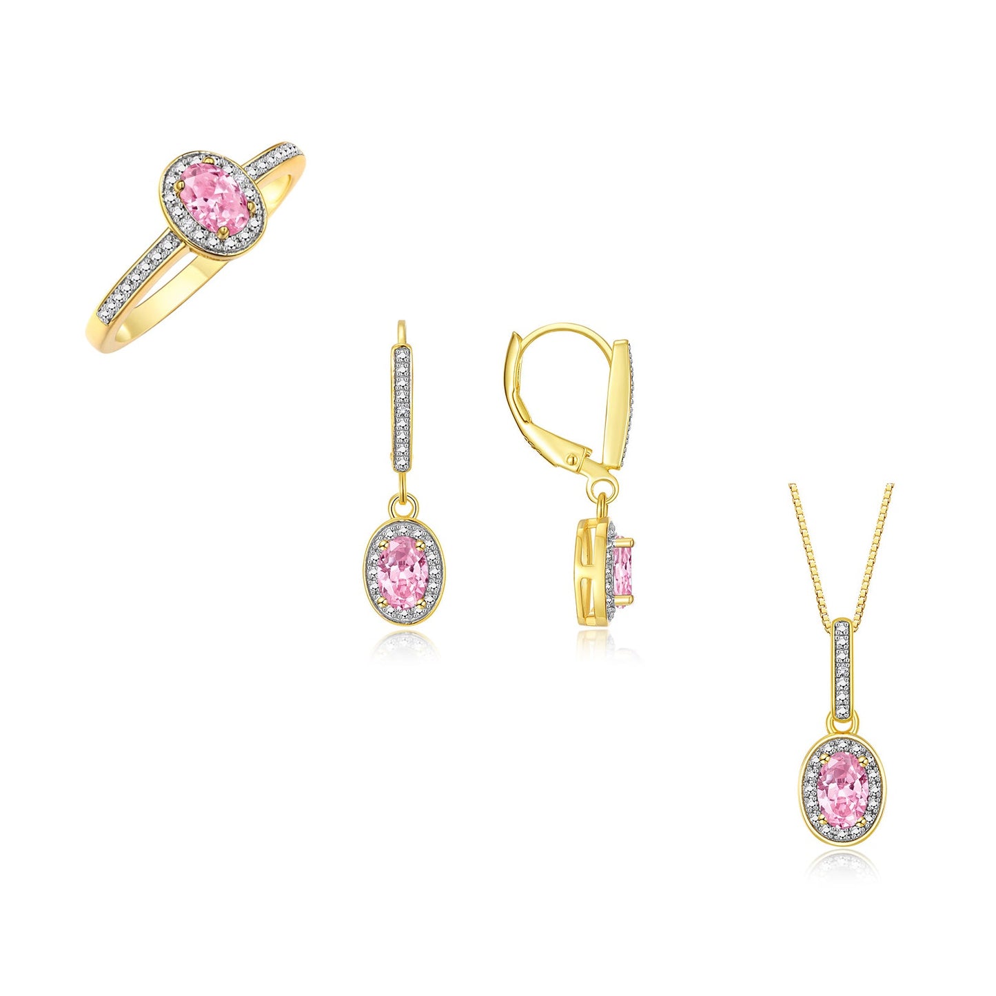 RYLOS Matching Jewelry Yellow Gold Plated Silver Halo Designer Set: Ring, Earring & Pendant Necklace. Gemstone & Diamonds, 6X4MM Birthstone.  Sizes 5-7.