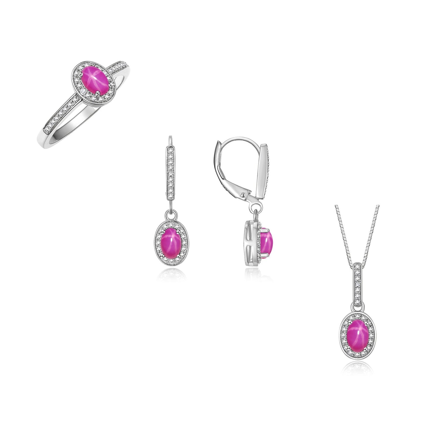 RYLOS Matching Jewelry Sterling Silver Halo Designer Set: Ring, Earring & Pendant Necklace. Gemstone & Diamonds, 6X4MM Birthstone.  Sizes 5-10.