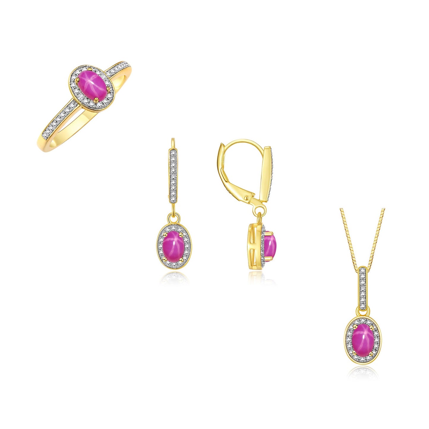 RYLOS Matching Gold Jewelry 14K Yellow Gold Halo Designer Set: Ring, Earring & Pendant Necklace. Gemstone & Diamonds, 6X4MM Birthstone.  Sizes 5-10.