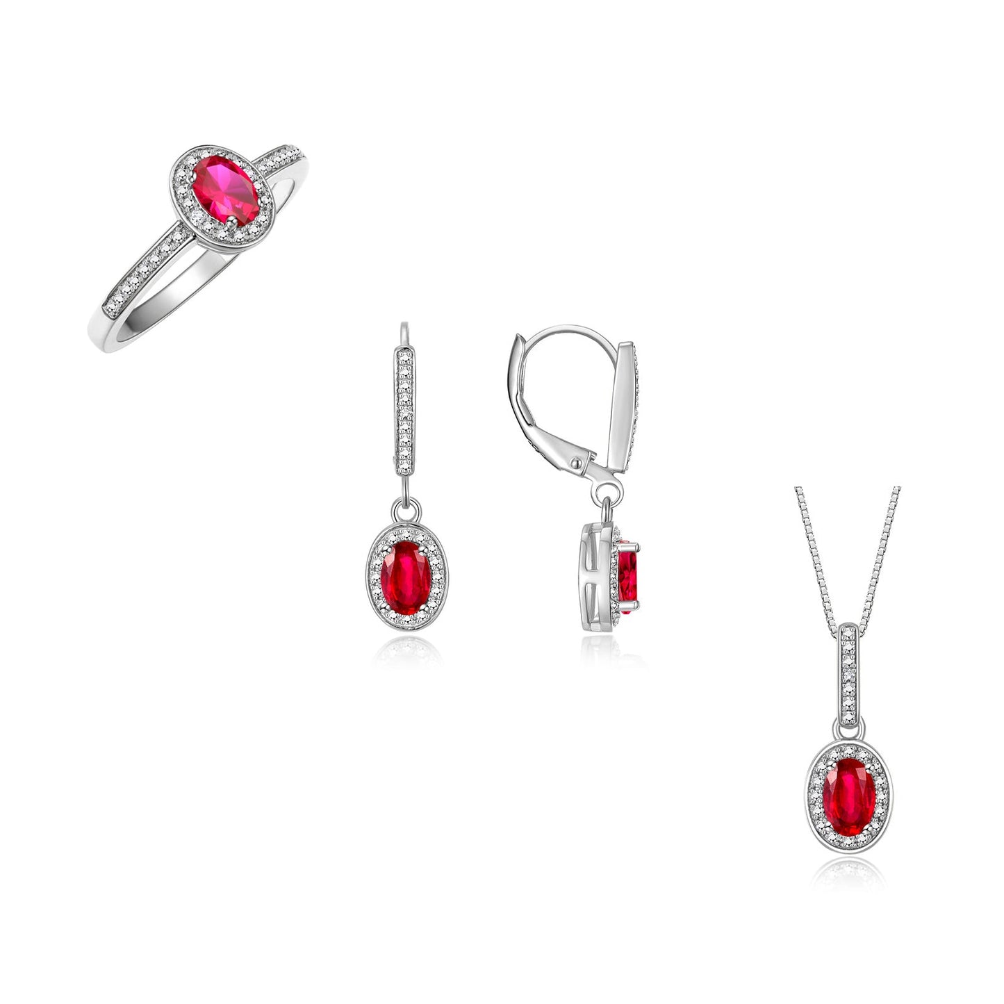 RYLOS Matching Gold Jewelry 14K White Gold Halo Designer Set: Ring, Earring & Pendant Necklace. Gemstone & Diamonds, 6X4MM Birthstone.  Sizes 5-10.
