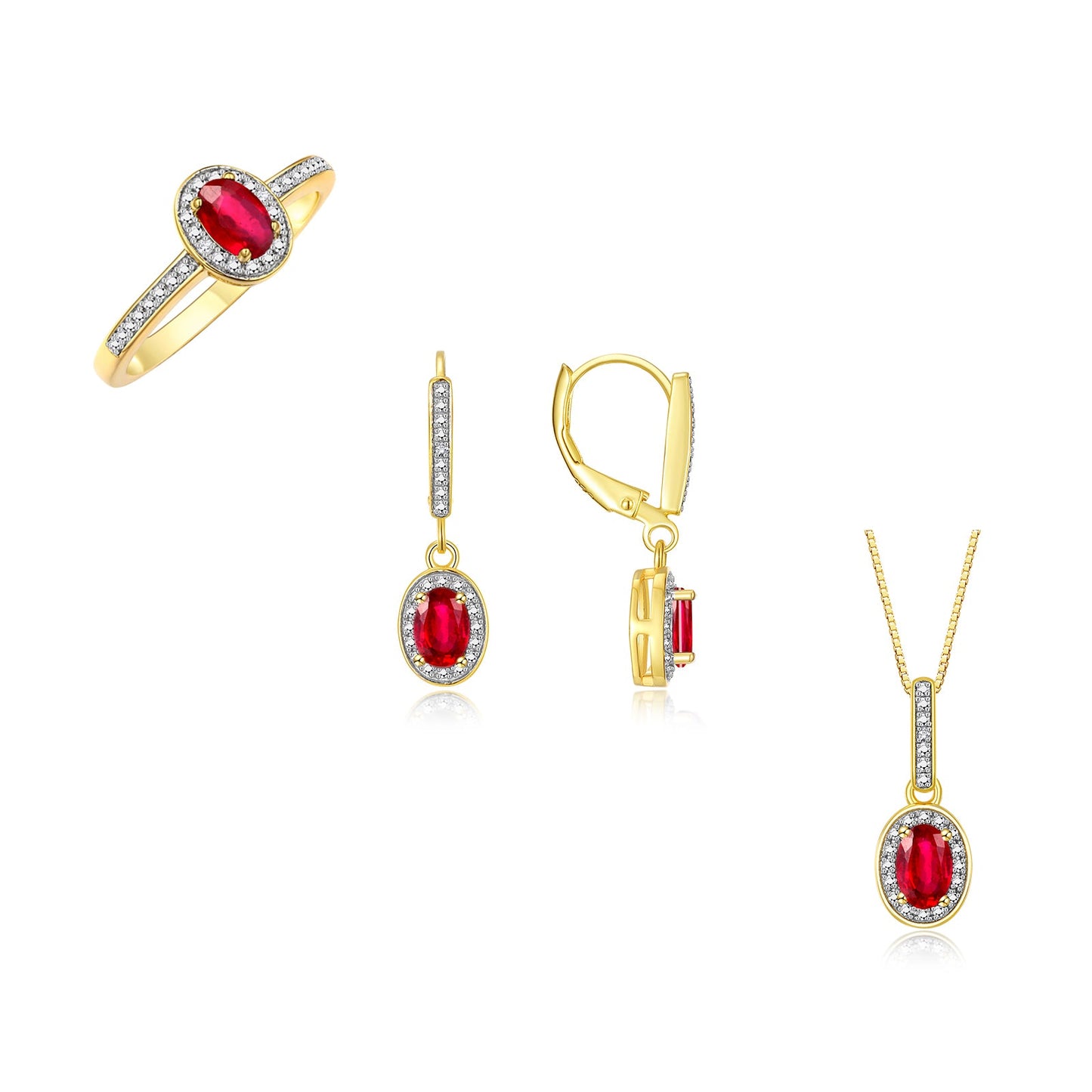 RYLOS Matching Jewelry Yellow Gold Plated Silver Halo Designer Set: Ring, Earring & Pendant Necklace. Gemstone & Diamonds, 6X4MM Birthstone.  Sizes 5-7.