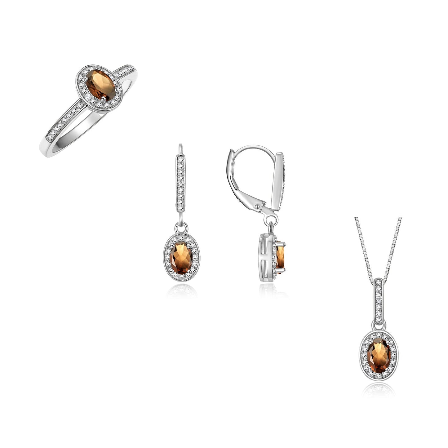 RYLOS Matching Gold Jewelry 14K White Gold Halo Designer Set: Ring, Earring & Pendant Necklace. Gemstone & Diamonds, 6X4MM Birthstone.  Sizes 5-10.