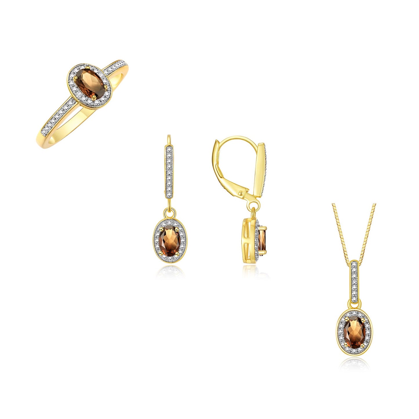 RYLOS Matching Gold Jewelry 14K Yellow Gold Halo Designer Set: Ring, Earring & Pendant Necklace. Gemstone & Diamonds, 6X4MM Birthstone.  Sizes 5-10.