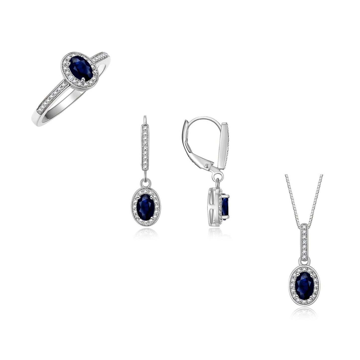 RYLOS Matching Jewelry Sterling Silver Halo Designer Set: Ring, Earring & Pendant Necklace. Gemstone & Diamonds, 6X4MM Birthstone.  Sizes 5-10.