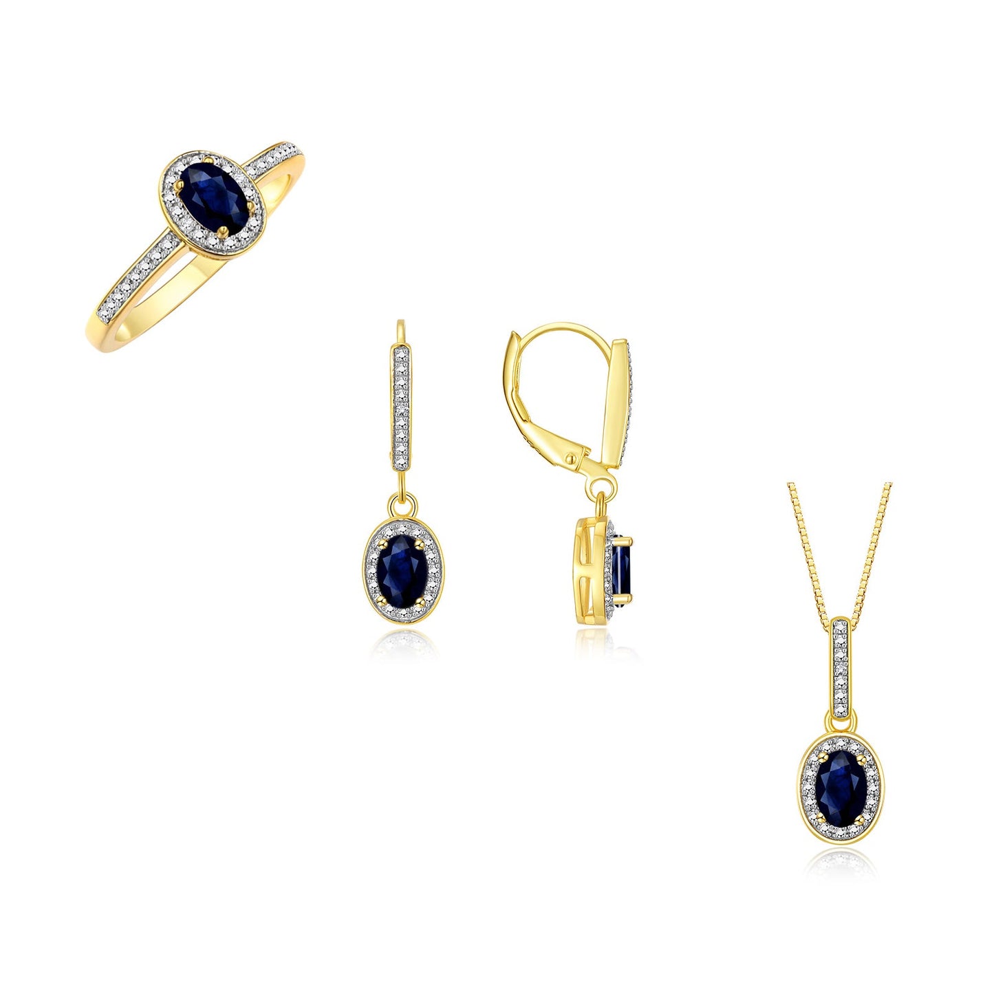 RYLOS Matching Jewelry Yellow Gold Plated Silver Halo Designer Set: Ring, Earring & Pendant Necklace. Gemstone & Diamonds, 6X4MM Birthstone.  Sizes 5-7.
