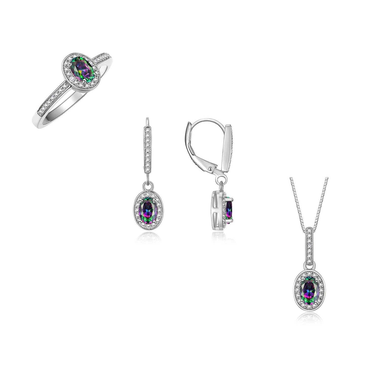 RYLOS Matching Jewelry Sterling Silver Halo Designer Set: Ring, Earring & Pendant Necklace. Gemstone & Diamonds, 6X4MM Birthstone.  Sizes 5-10.