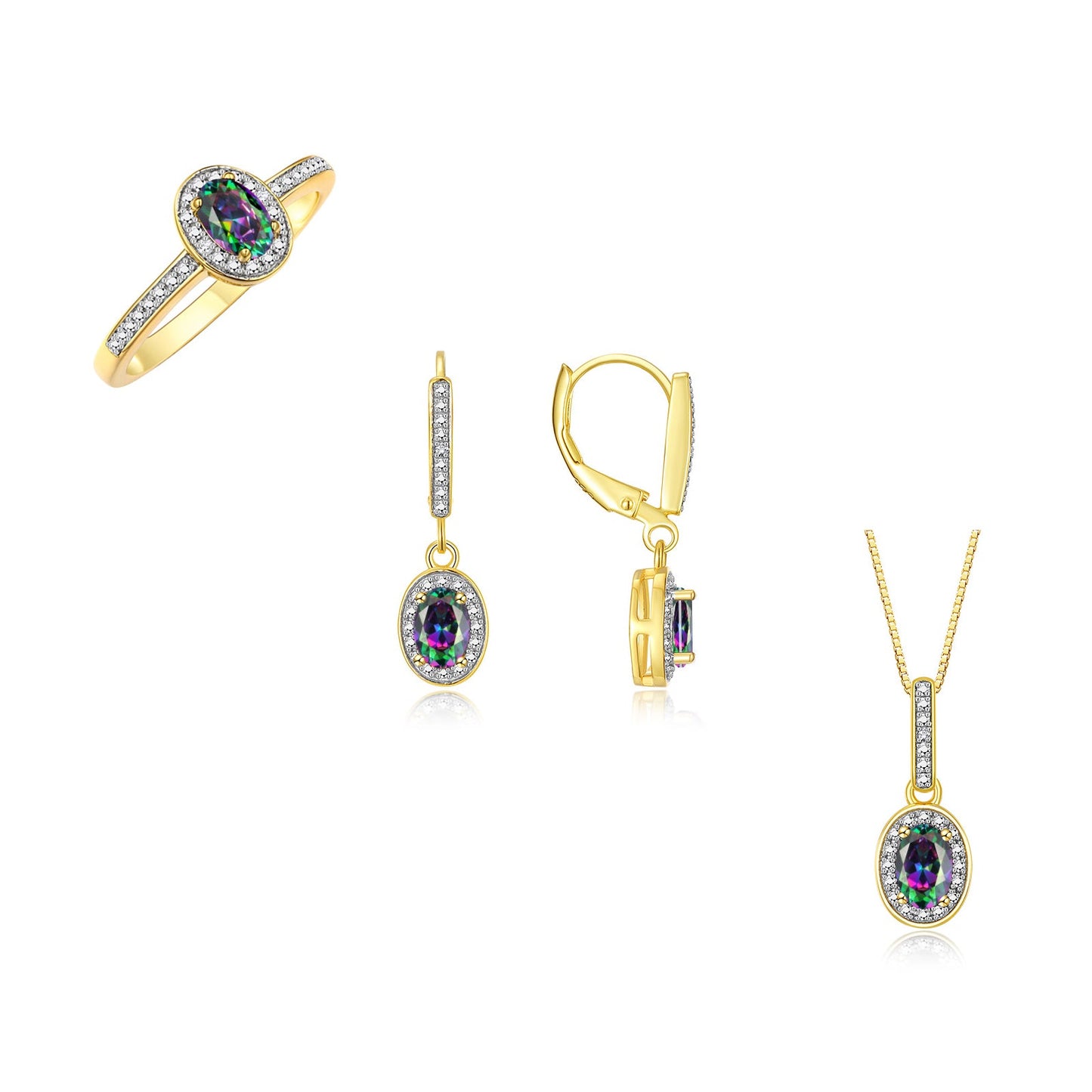 RYLOS Matching Gold Jewelry 14K Yellow Gold Halo Designer Set: Ring, Earring & Pendant Necklace. Gemstone & Diamonds, 6X4MM Birthstone.  Sizes 5-10.