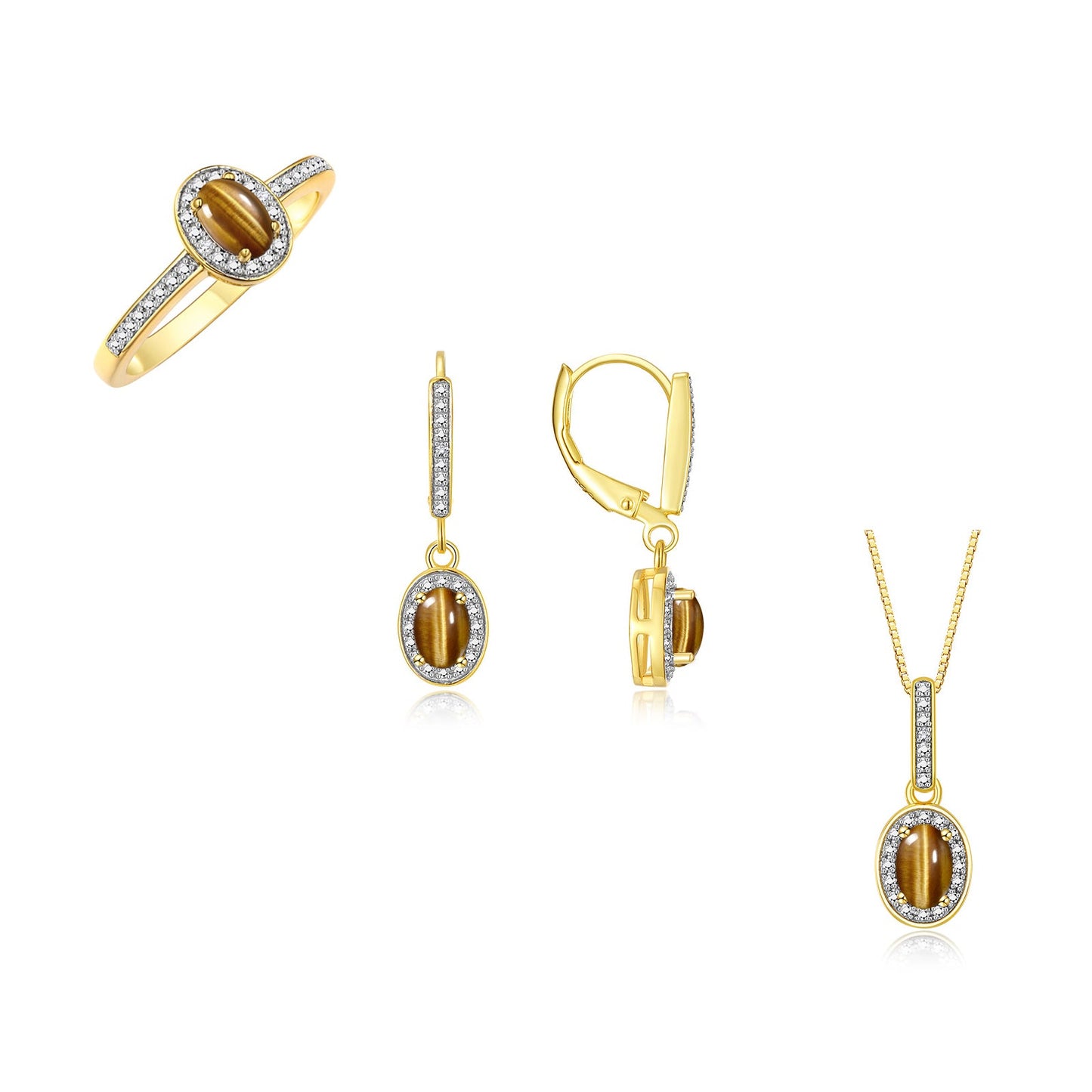 RYLOS Matching Gold Jewelry 14K Yellow Gold Halo Designer Set: Ring, Earring & Pendant Necklace. Gemstone & Diamonds, 6X4MM Birthstone.  Sizes 5-10.