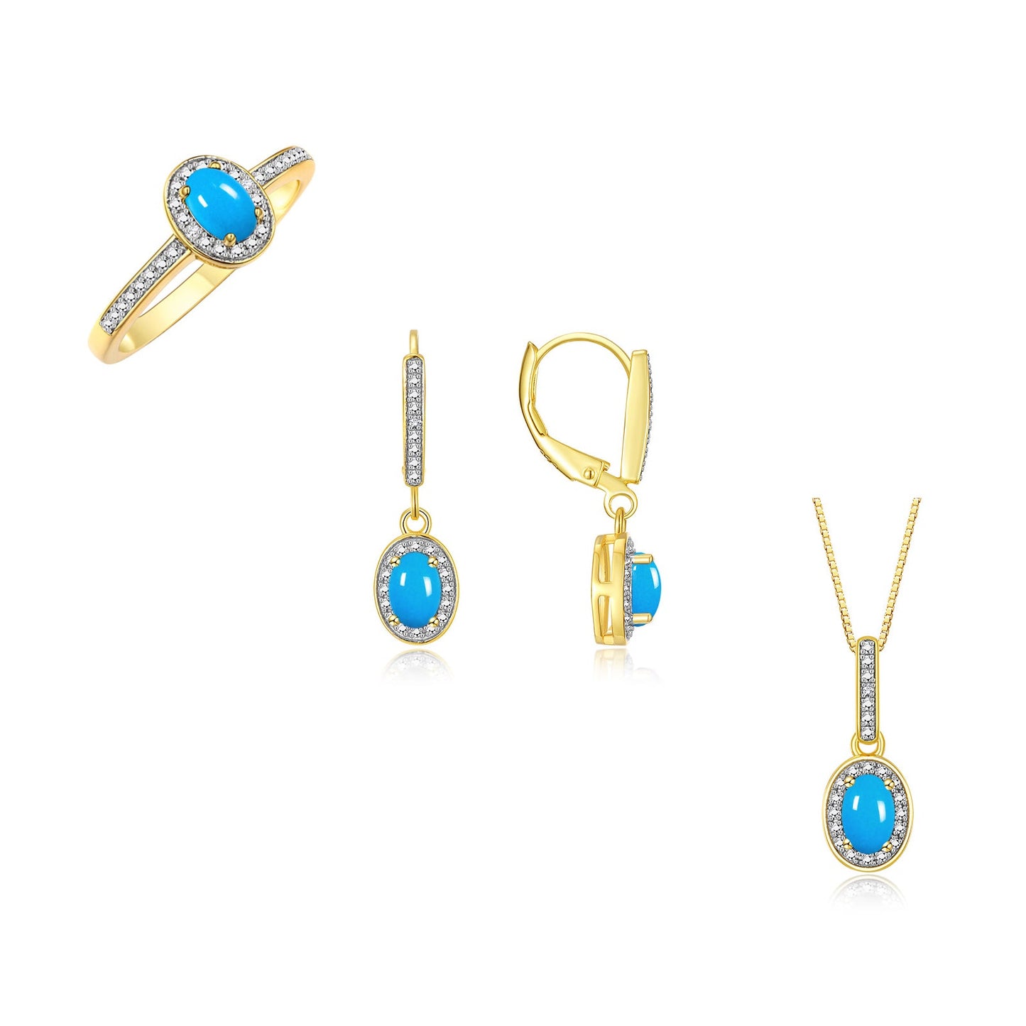 RYLOS Matching Jewelry Yellow Gold Plated Silver Halo Designer Set: Ring, Earring & Pendant Necklace. Gemstone & Diamonds, 6X4MM Birthstone.  Sizes 5-7.