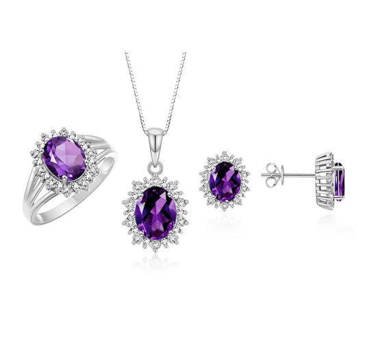 RYLOS Princess Diana Inspired Matching Set, Sterling Silver Ring, Earrings & Pendant with 18" Chain. Gemstone & Diamonds, 9X7MM & 8X6MM Birthstone;  Sizes 5-10.