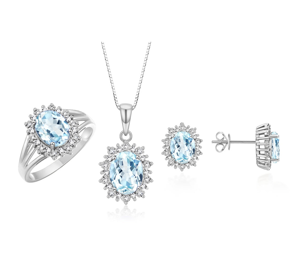 RYLOS Princess Diana Inspired Matching Set, 14K White Gold Ring, Earrings & Pendant with 18" Chain. Gemstone & Diamonds, 9X7MM & 8X6MM Birthstone;  Sizes 5-10.