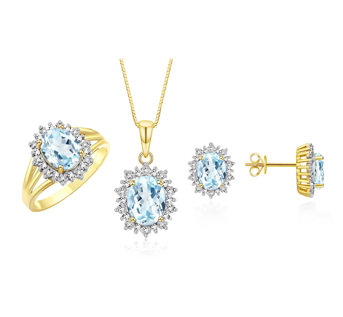 RYLOS Princess Diana Inspired Matching Set, 14K Yellow Gold Ring, Earrings & Pendant with 18" Chain. Gemstone & Diamonds, 9X7MM & 8X6MM Birthstone;  Sizes 5-10.