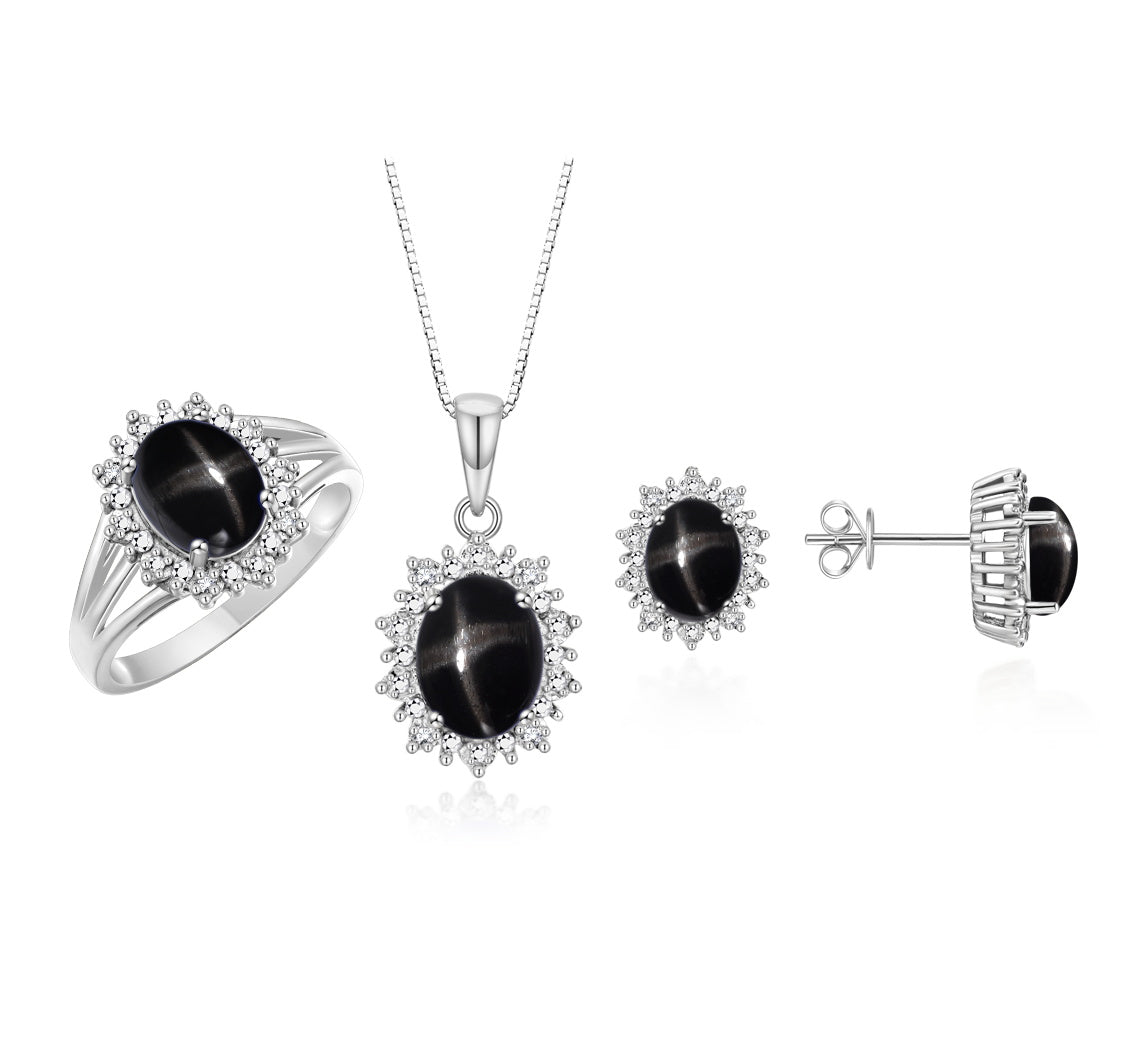 RYLOS Princess Diana Inspired Matching Set, Sterling Silver Ring, Earrings & Pendant with 18" Chain. Gemstone & Diamonds, 9X7MM & 8X6MM Birthstone;  Sizes 5-10.