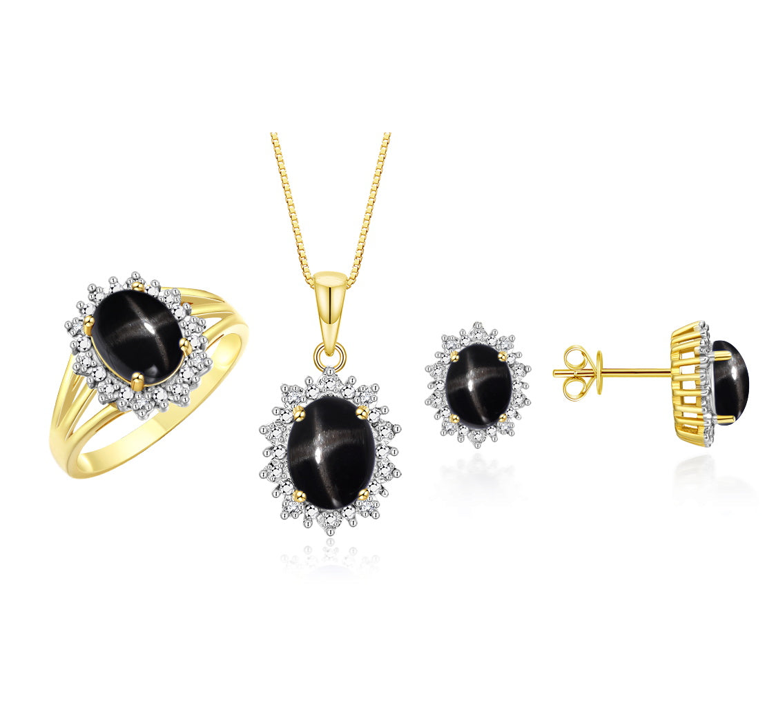 RYLOS Princess Diana Inspired Matching Set, 14K Yellow Gold Ring, Earrings & Pendant with 18" Chain. Gemstone & Diamonds, 9X7MM & 8X6MM Birthstone;  Sizes 5-10.