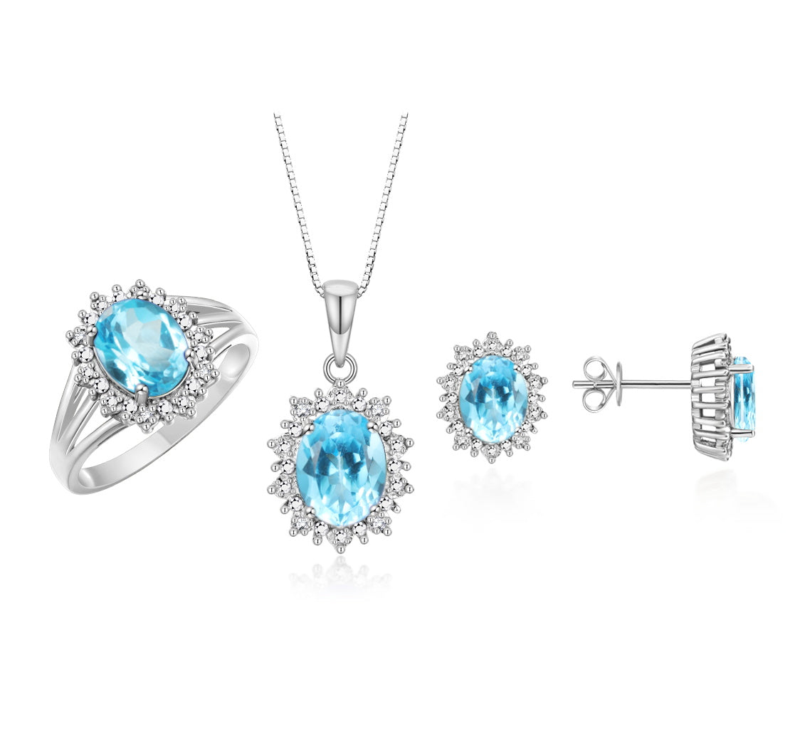 RYLOS Princess Diana Inspired Matching Set, Sterling Silver Ring, Earrings & Pendant with 18" Chain. Gemstone & Diamonds, 9X7MM & 8X6MM Birthstone;  Sizes 5-10.