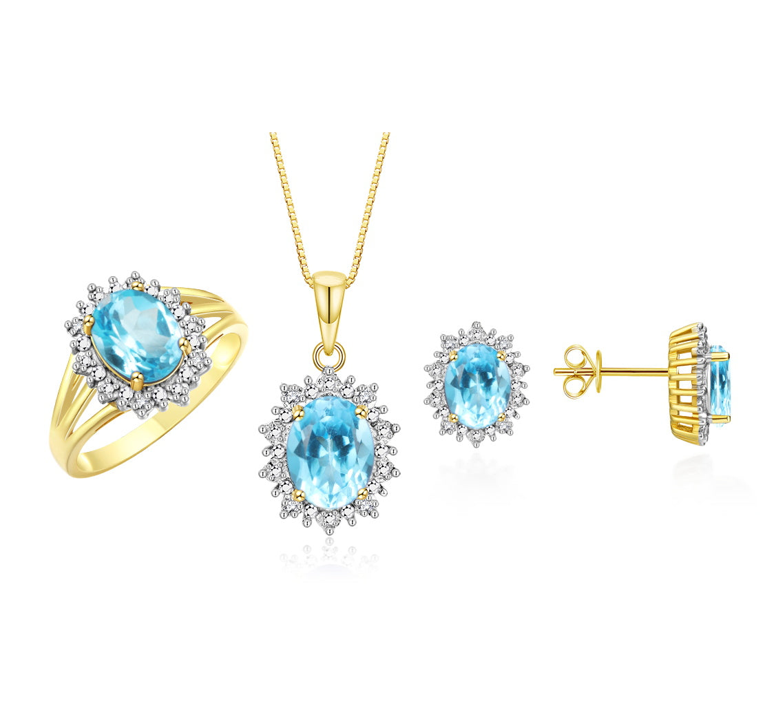 RYLOS Princess Diana Inspired Matching Set, 14K Yellow Gold Ring, Earrings & Pendant with 18" Chain. Gemstone & Diamonds, 9X7MM & 8X6MM Birthstone;  Sizes 5-10.