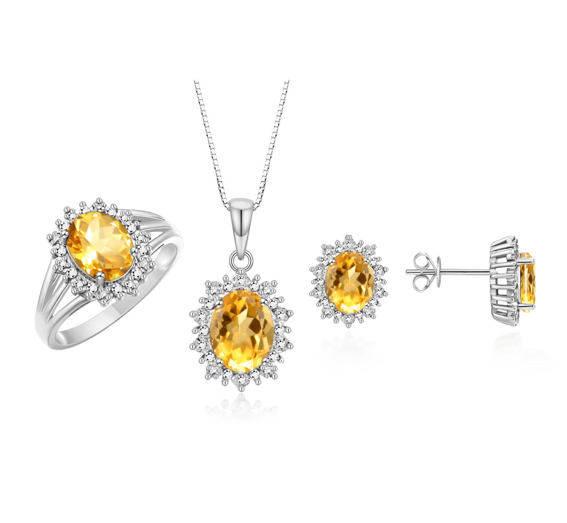 RYLOS Princess Diana Inspired Matching Set, 14K White Gold Ring, Earrings & Pendant with 18" Chain. Gemstone & Diamonds, 9X7MM & 8X6MM Birthstone;  Sizes 5-10.